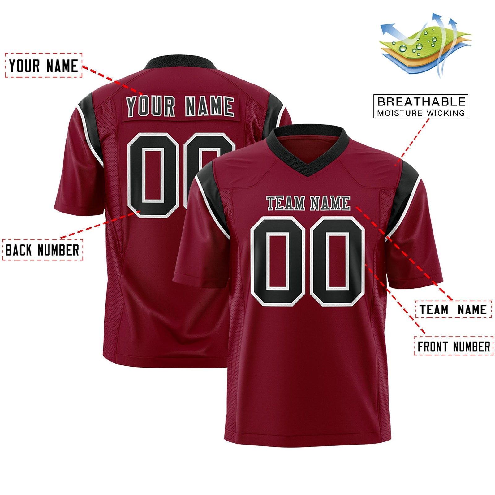 Custom Cardinal Black Personalized Shoulder Cut Two-Tone Flag Football Jersey