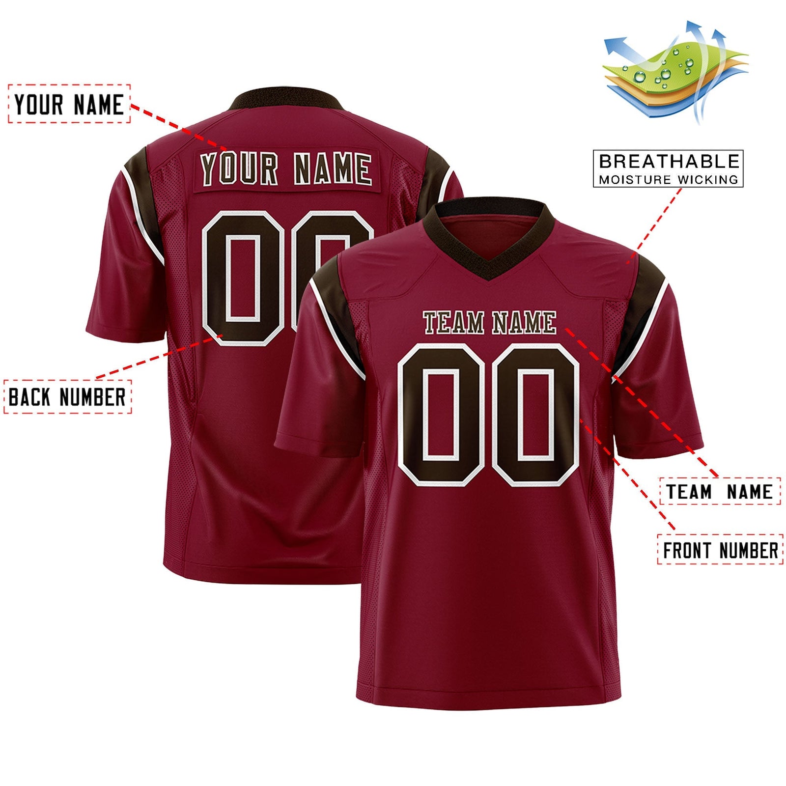 Custom Cardinal Brown Personalized Shoulder Cut Two-Tone Flag Football Jersey