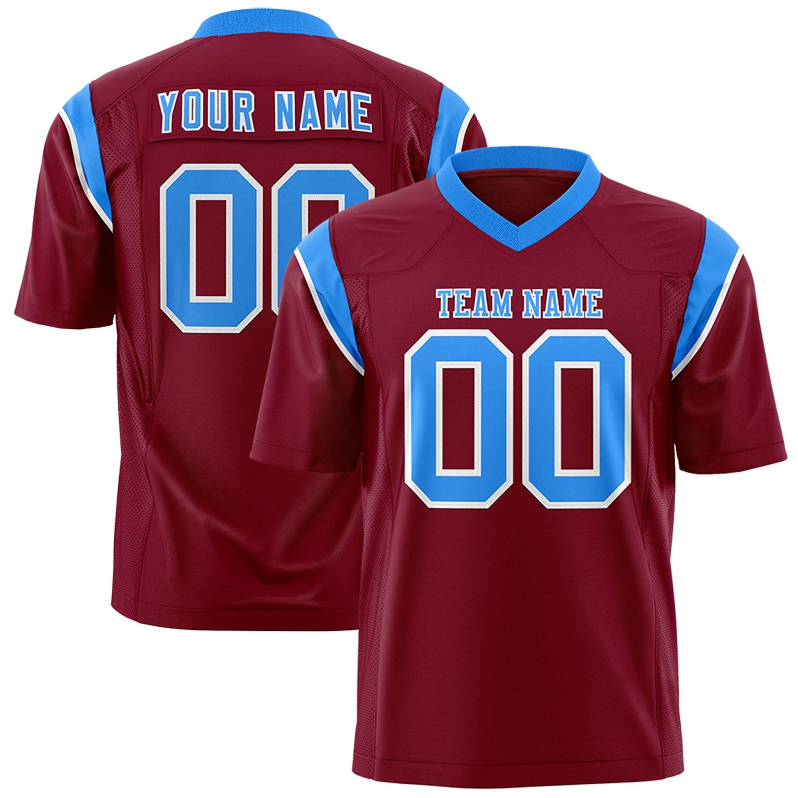 Custom Cardinal Light Blue Personalized Shoulder Cut Two-Tone Flag Football Jersey