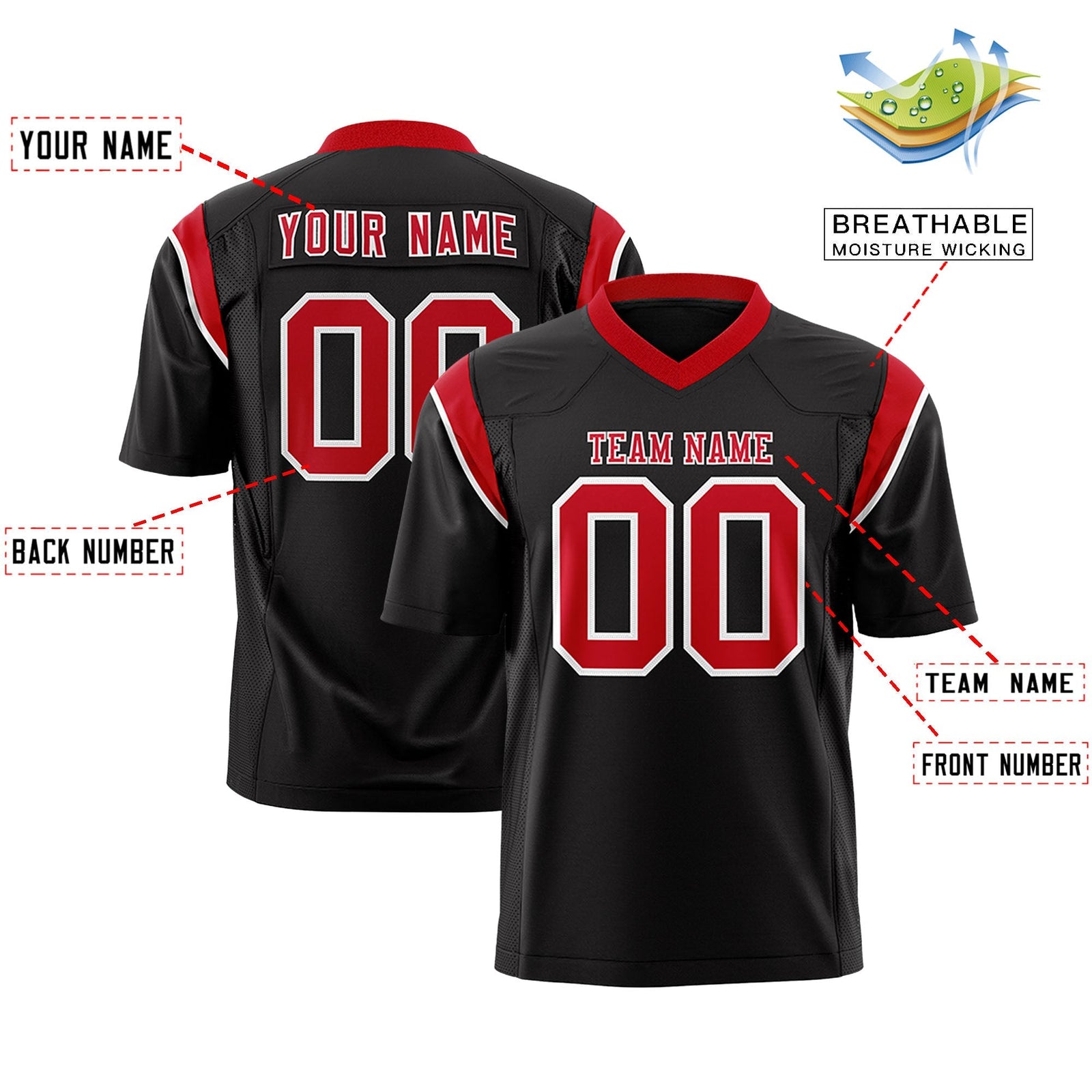 Custom Black Red Personalized Shoulder Cut Two-Tone Flag Football Jersey