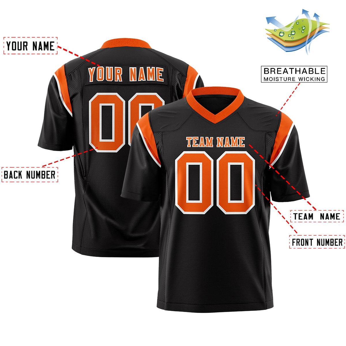 Custom Black Orange Personalized Shoulder Cut Two-Tone Flag Football Jersey