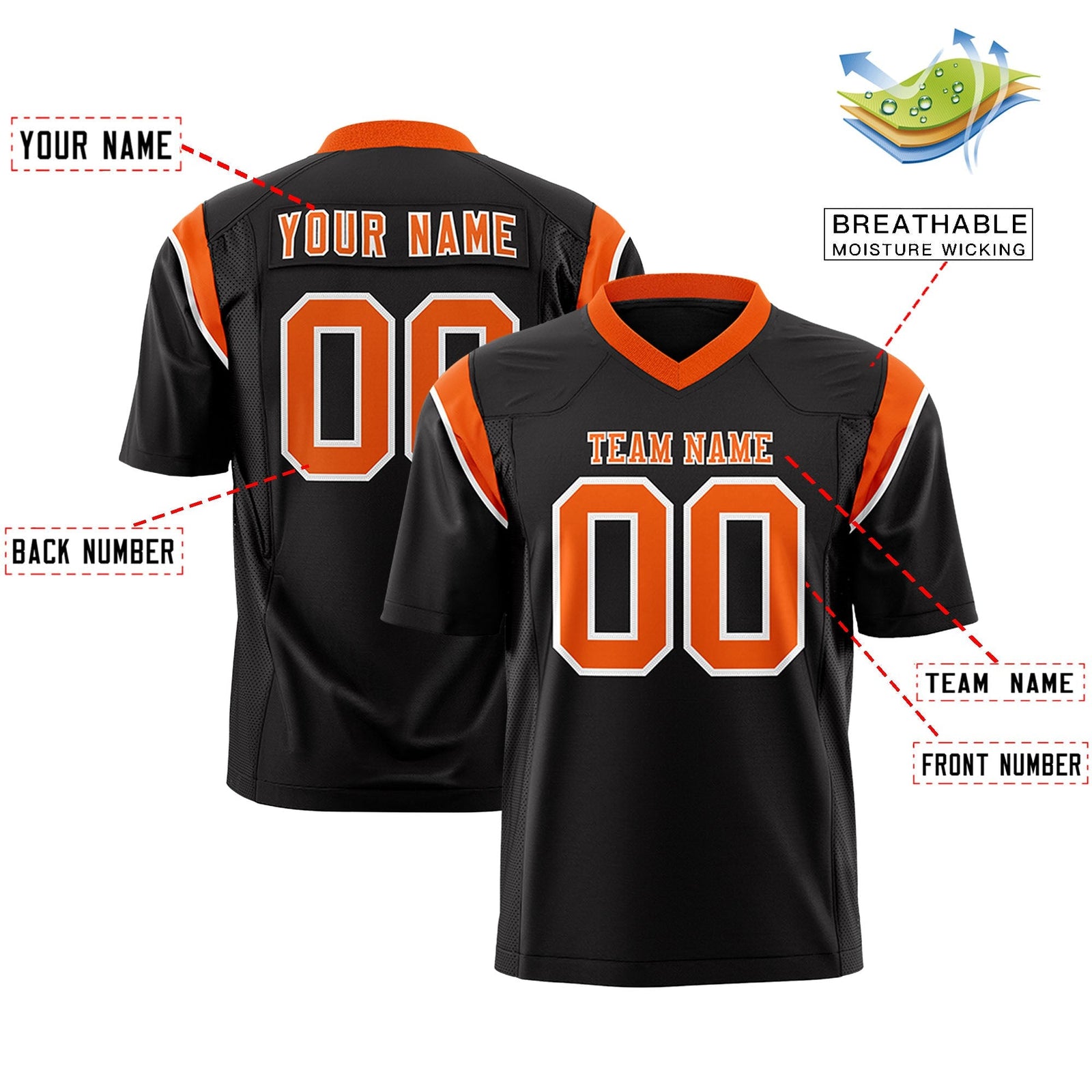 Custom Black Orange Personalized Shoulder Cut Two-Tone Flag Football Jersey