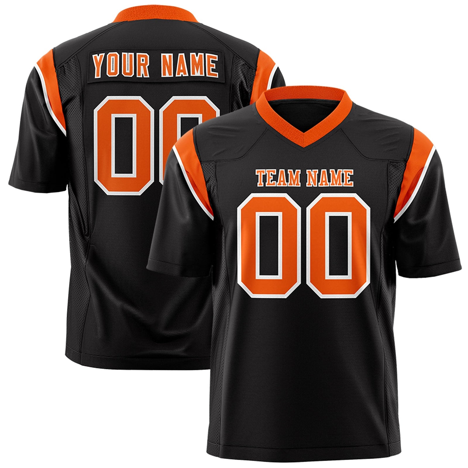 Custom Black Orange Personalized Shoulder Cut Two-Tone Flag Football Jersey