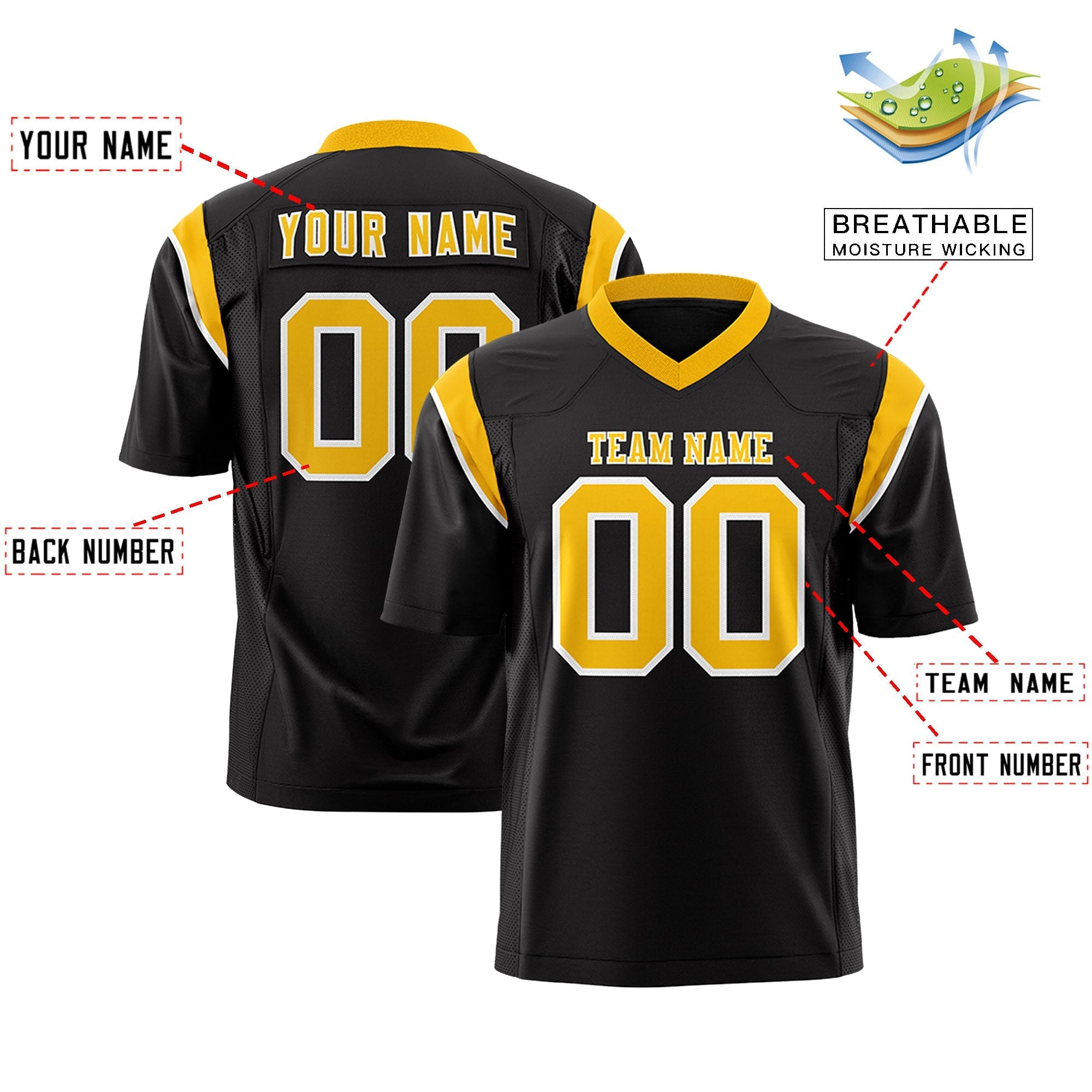 Custom Black Yellow Personalized Shoulder Cut Two-Tone Flag Football Jersey