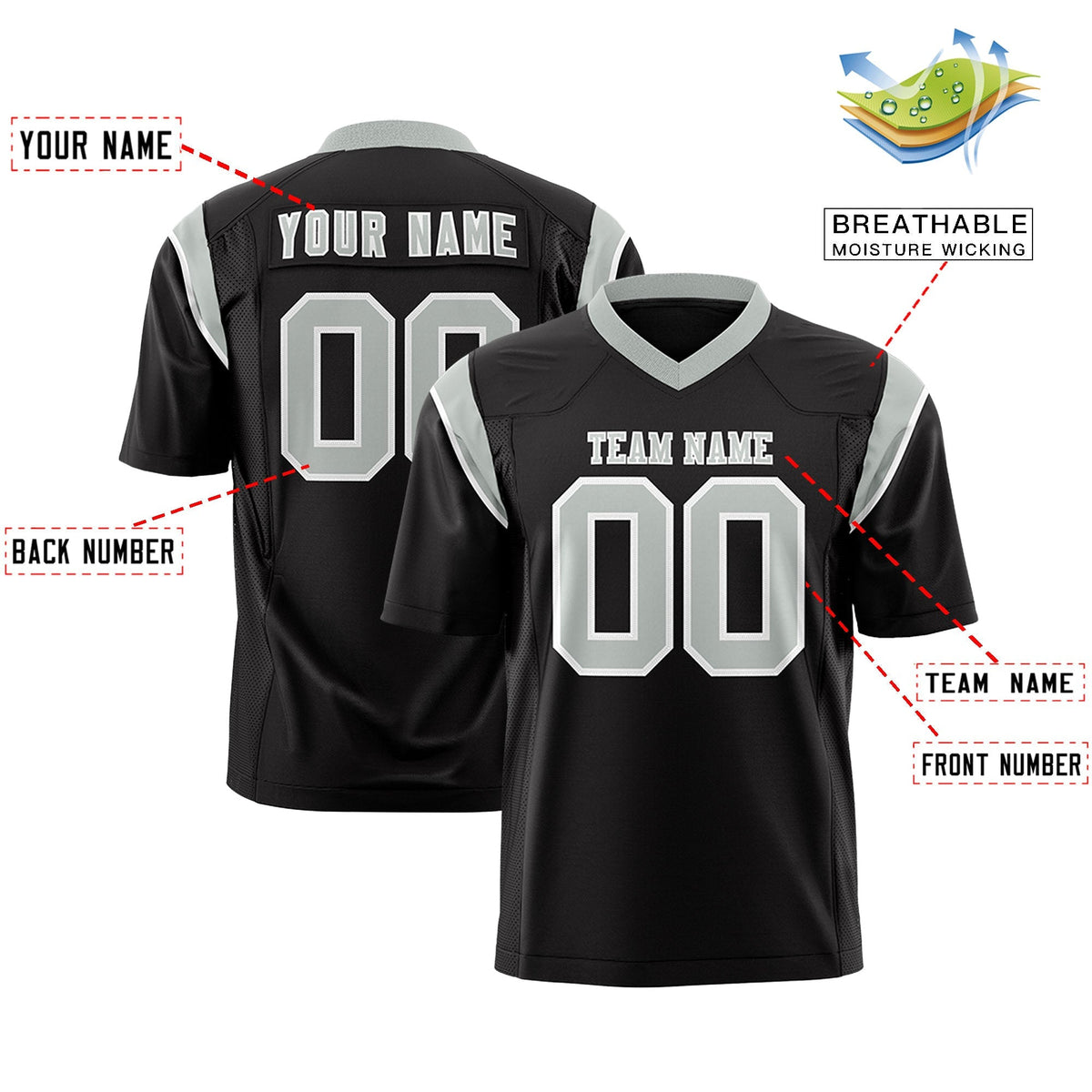 Custom Black Gray Personalized Shoulder Cut Two-Tone Flag Football Jersey