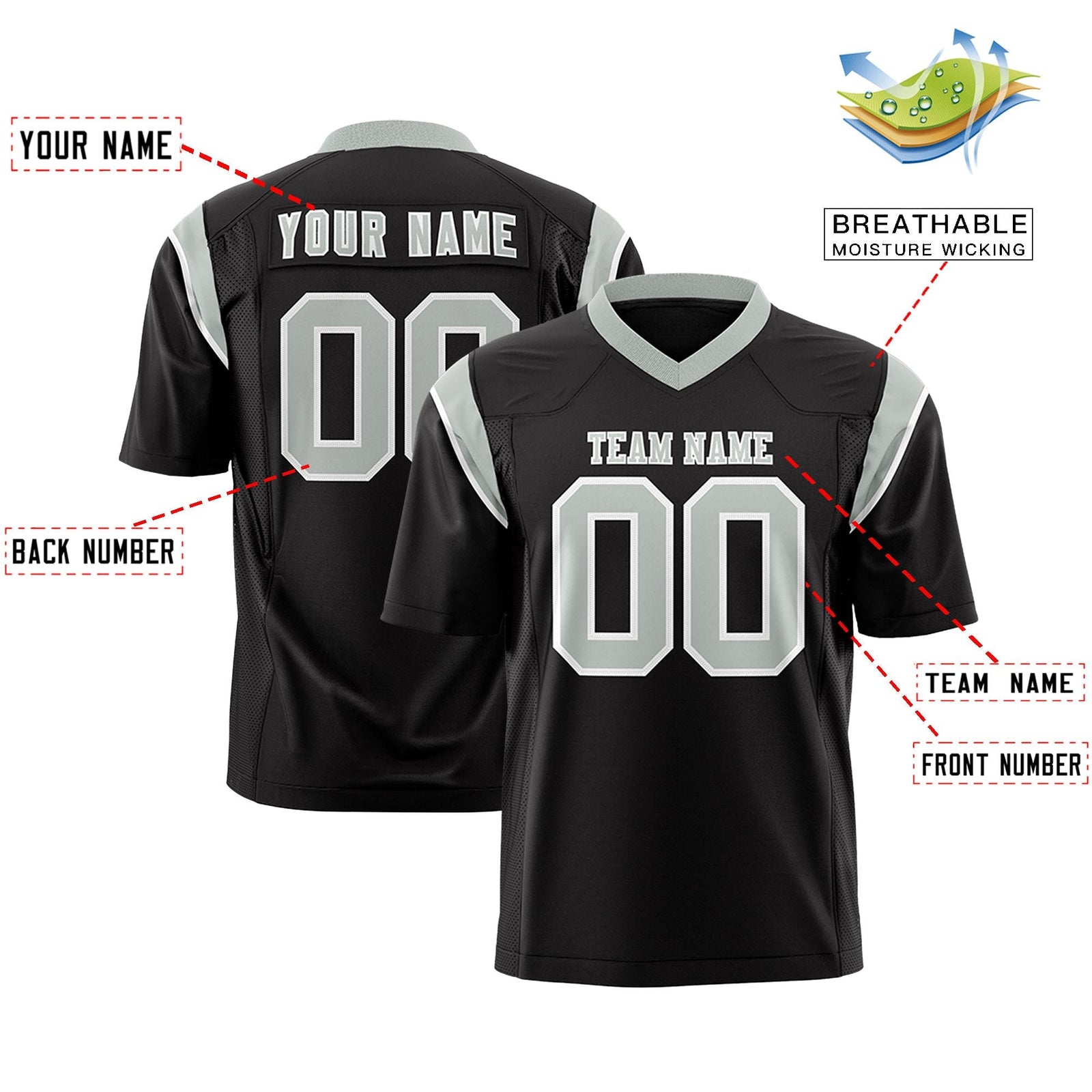 Custom Black Gray Personalized Shoulder Cut Two-Tone Flag Football Jersey