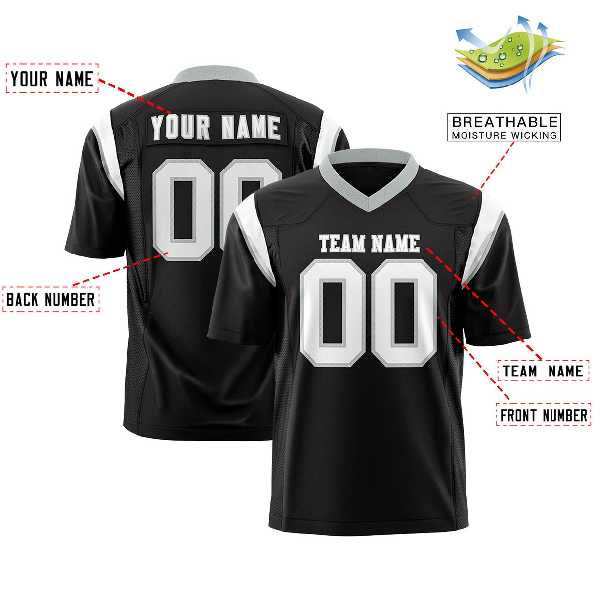 Custom Black White Personalized Shoulder Cut Two-Tone Flag Football Jersey