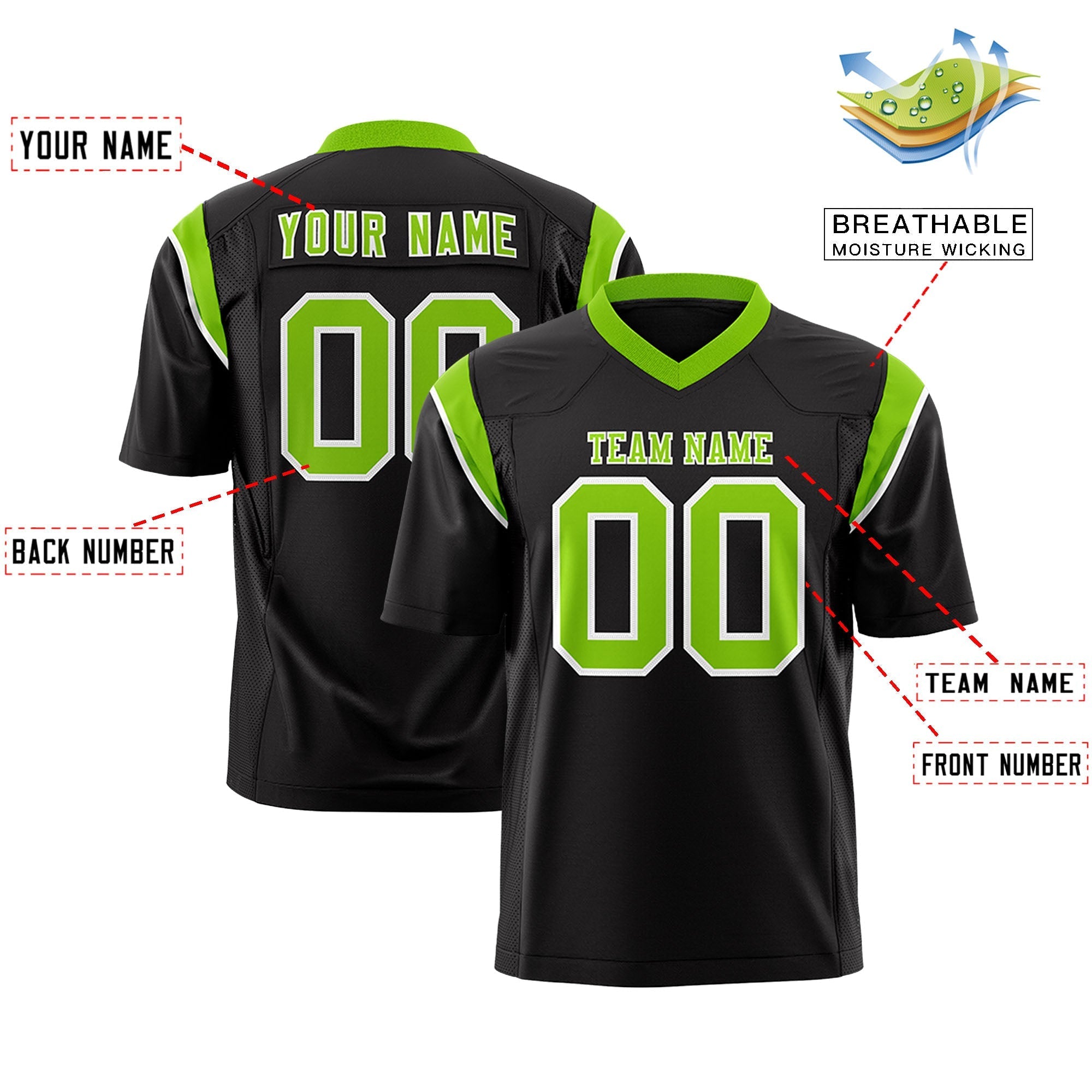 Custom Black Neon Green Personalized Shoulder Cut Two-Tone Flag Football Jersey
