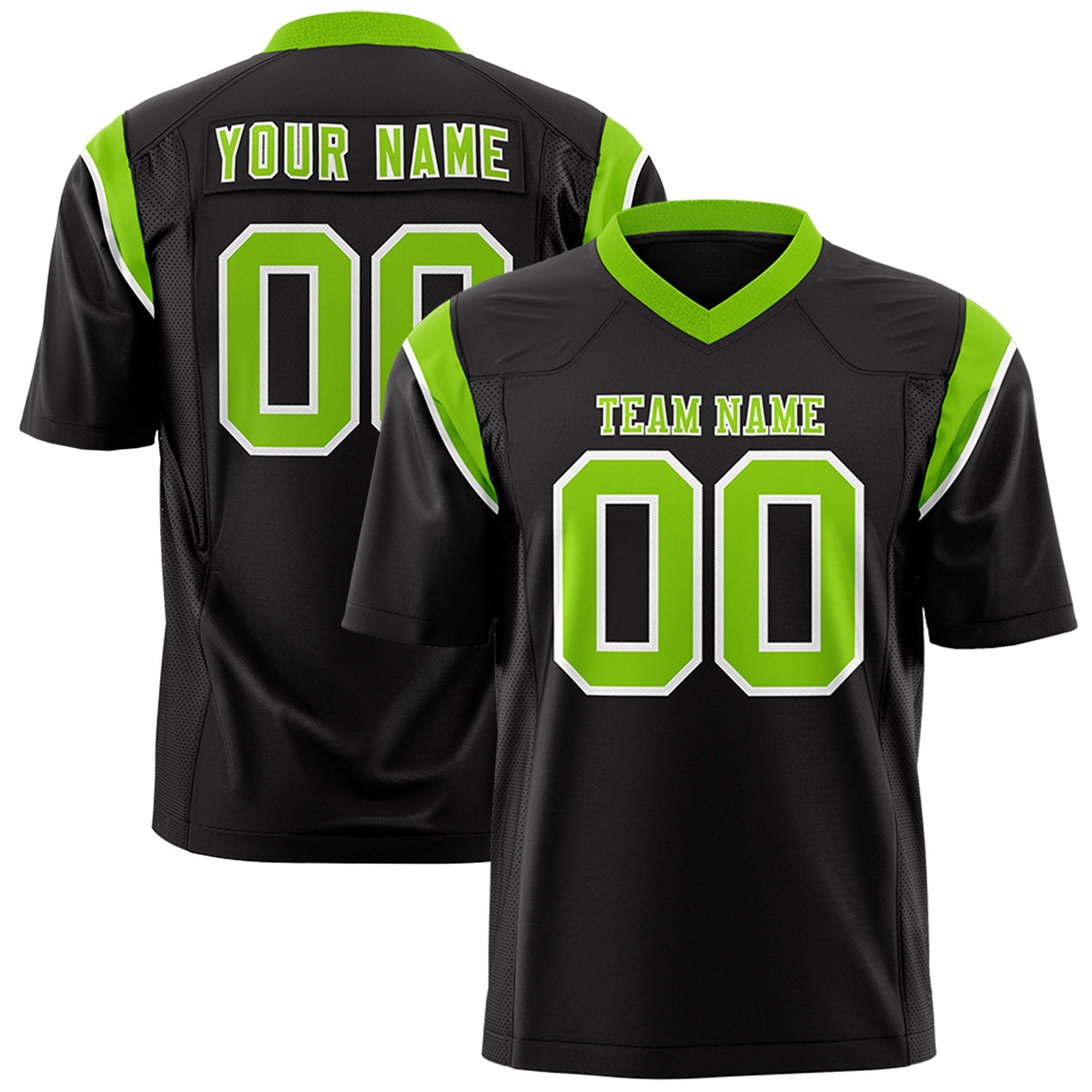 Custom Black Neon Green Personalized Shoulder Cut Two-Tone Flag Football Jersey