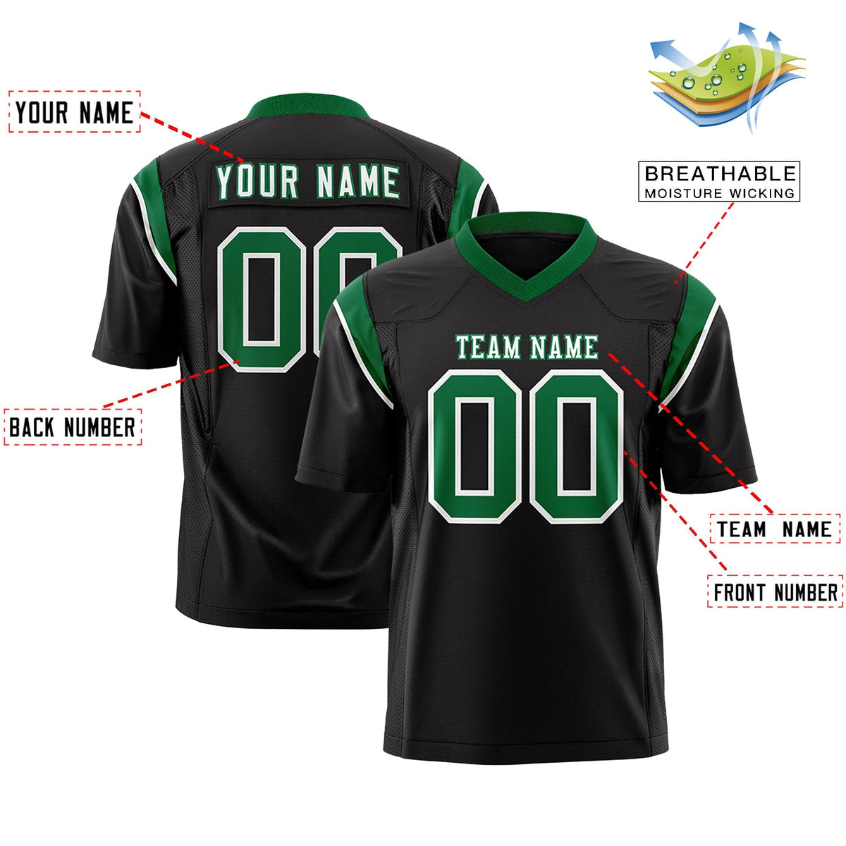 Custom Black Kelly Green Personalized Shoulder Cut Two-Tone Flag Football Jersey