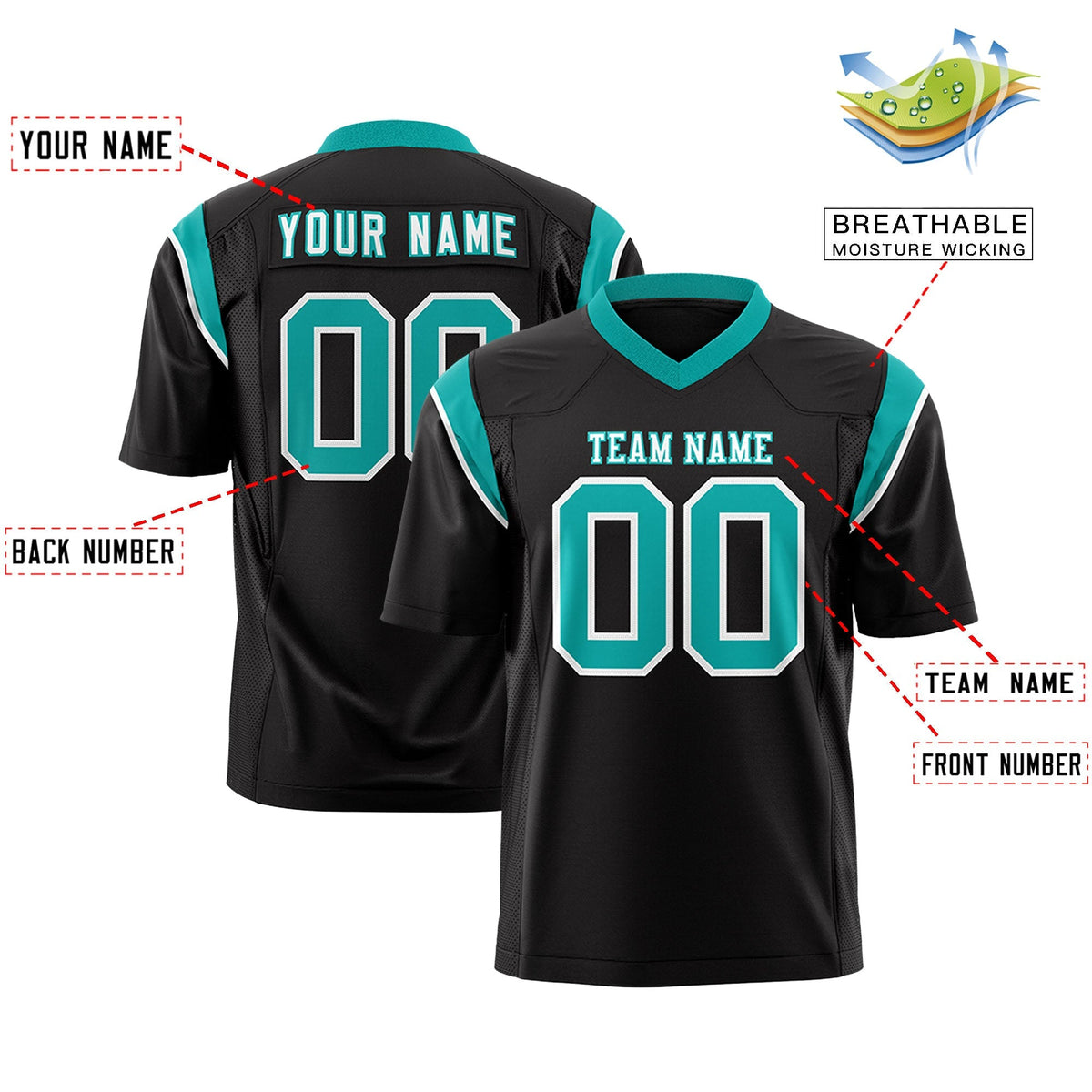 Custom Black Aqua Personalized Shoulder Cut Two-Tone Flag Football Jersey