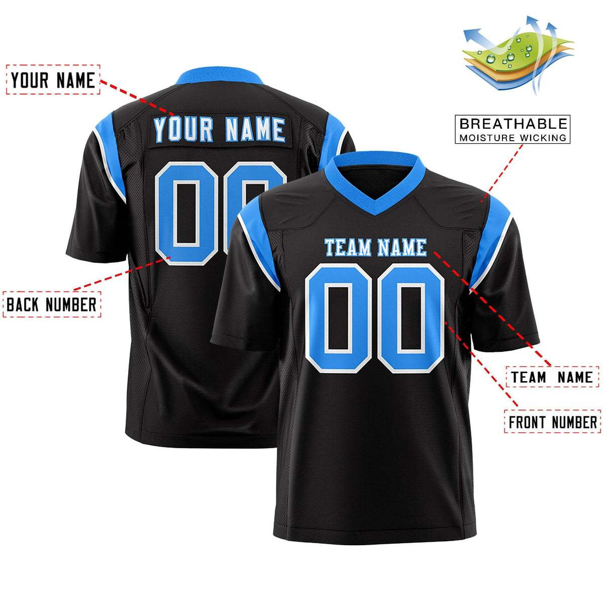 Custom Black Light Blue Personalized Shoulder Cut Two-Tone Flag Football Jersey