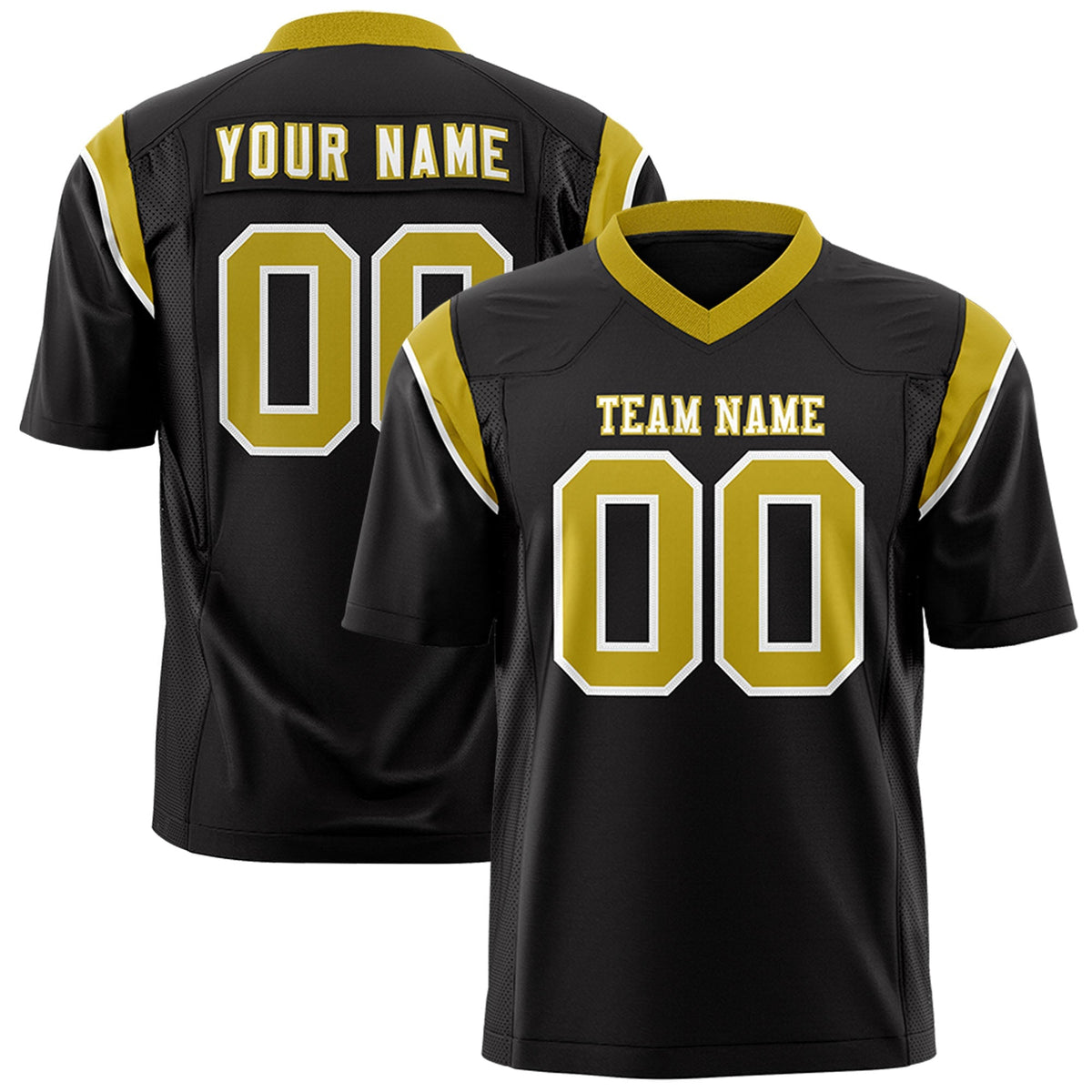Custom Black Old Gold Personalized Shoulder Cut Two-Tone Flag Football Jersey