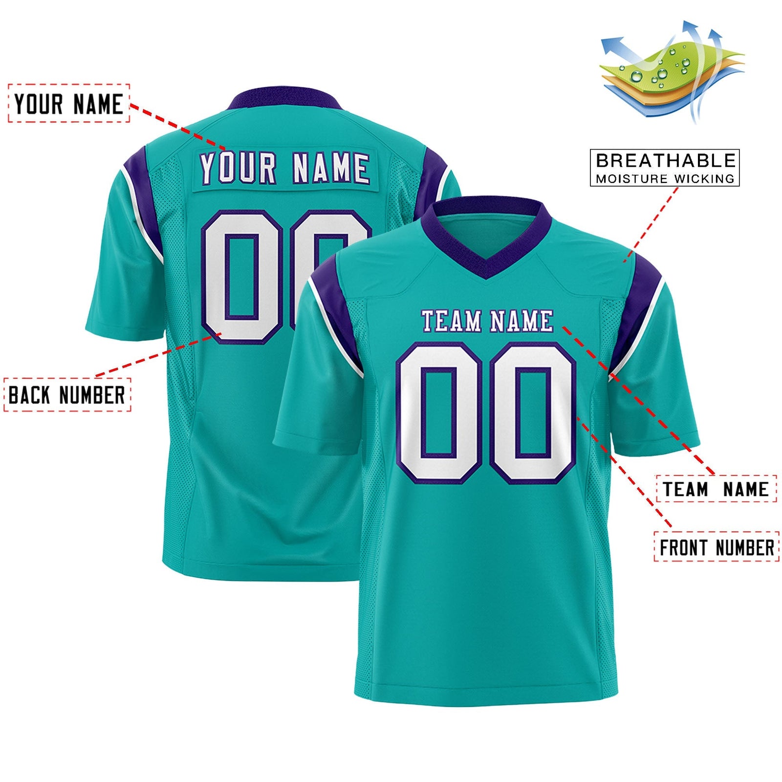 Custom Aqua Purple Personalized Shoulder Cut Two-Tone Flag Football Jersey