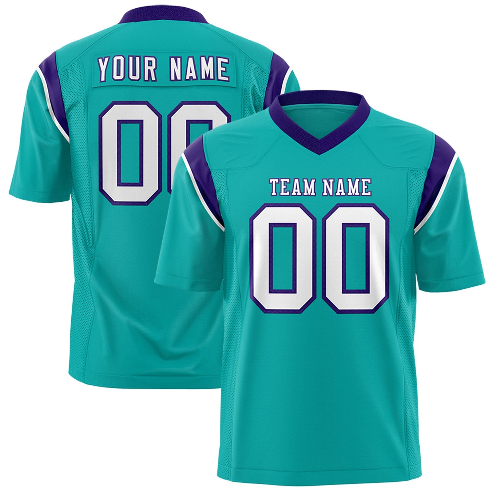 Custom Aqua Purple Personalized Shoulder Cut Two-Tone Flag Football Jersey