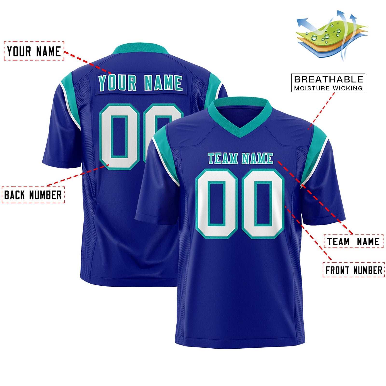 Custom Royal Aqua Personalized Shoulder Cut Two-Tone Flag Football Jersey