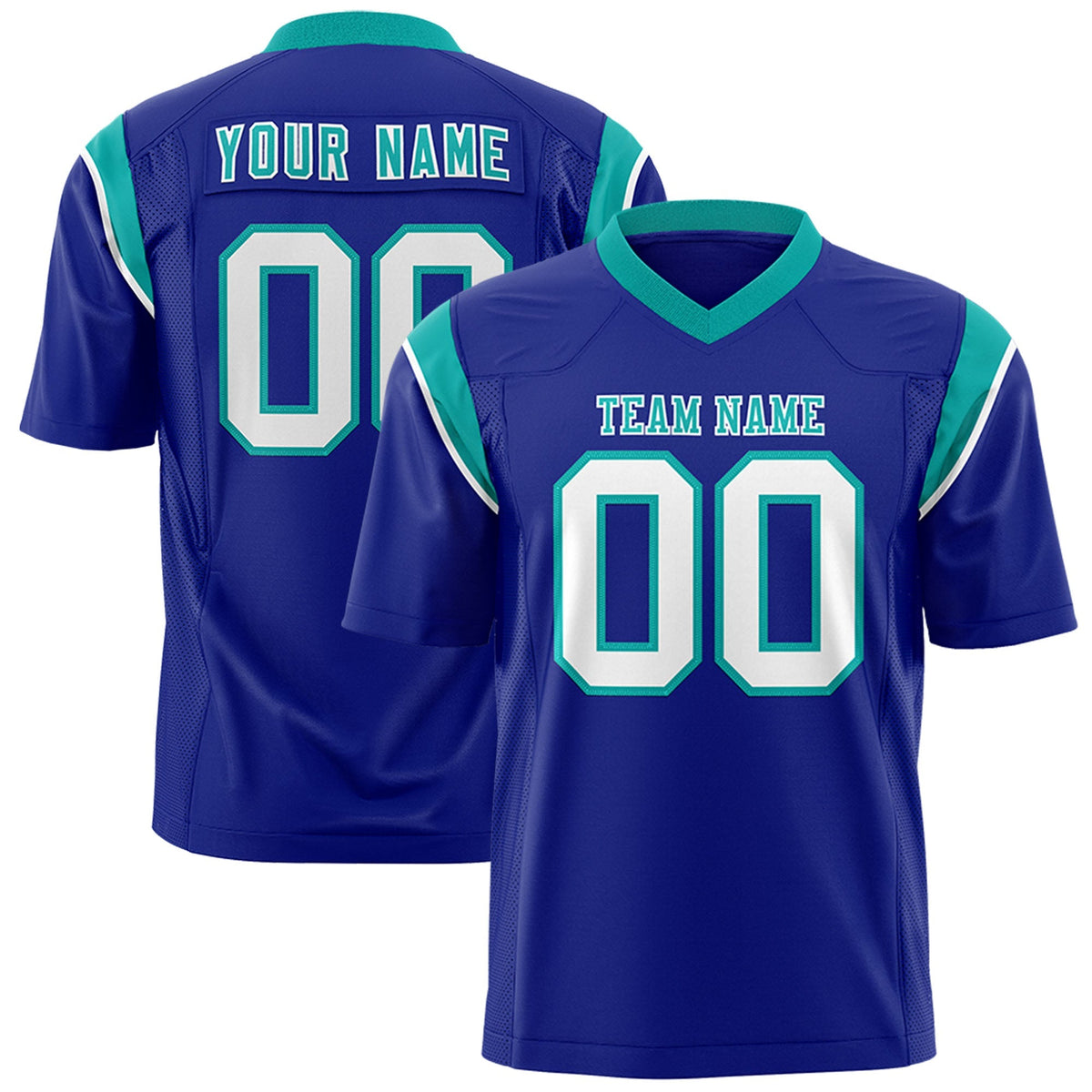 Custom Royal Aqua Personalized Shoulder Cut Two-Tone Flag Football Jersey