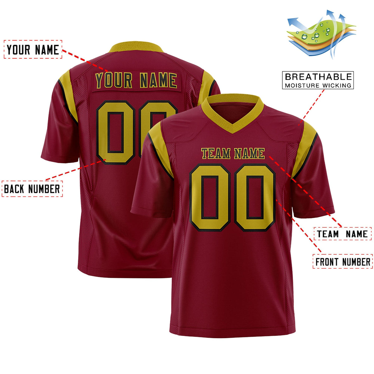 Custom Cardinal Old Gold Personalized Shoulder Cut Two-Tone Flag Football Jersey