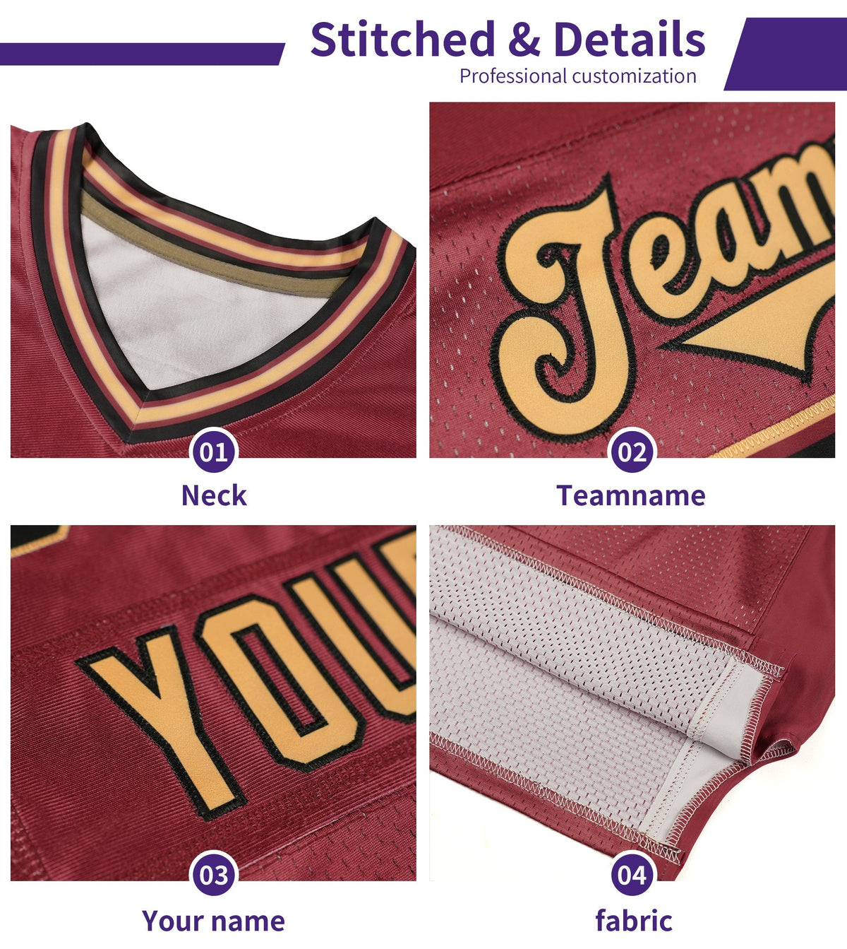 Custom Purple Gold Personalized Shoulder Cut Two-Tone Flag Football Jersey