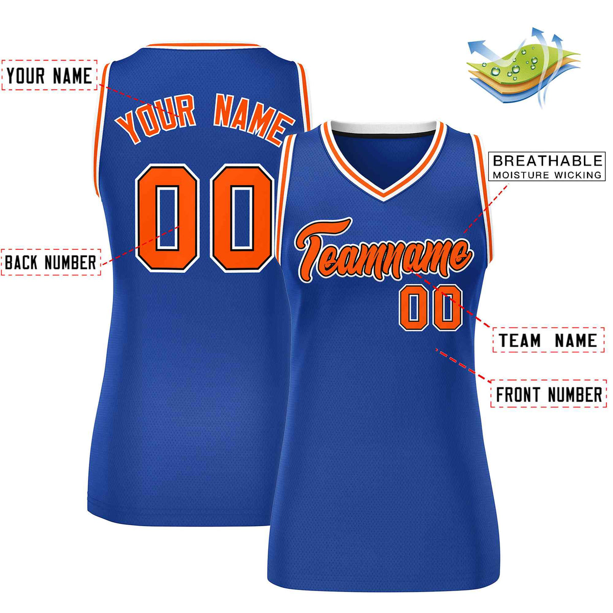 Custom Royal Orange-White Classic Tops Mesh Basketball Jersey for Women