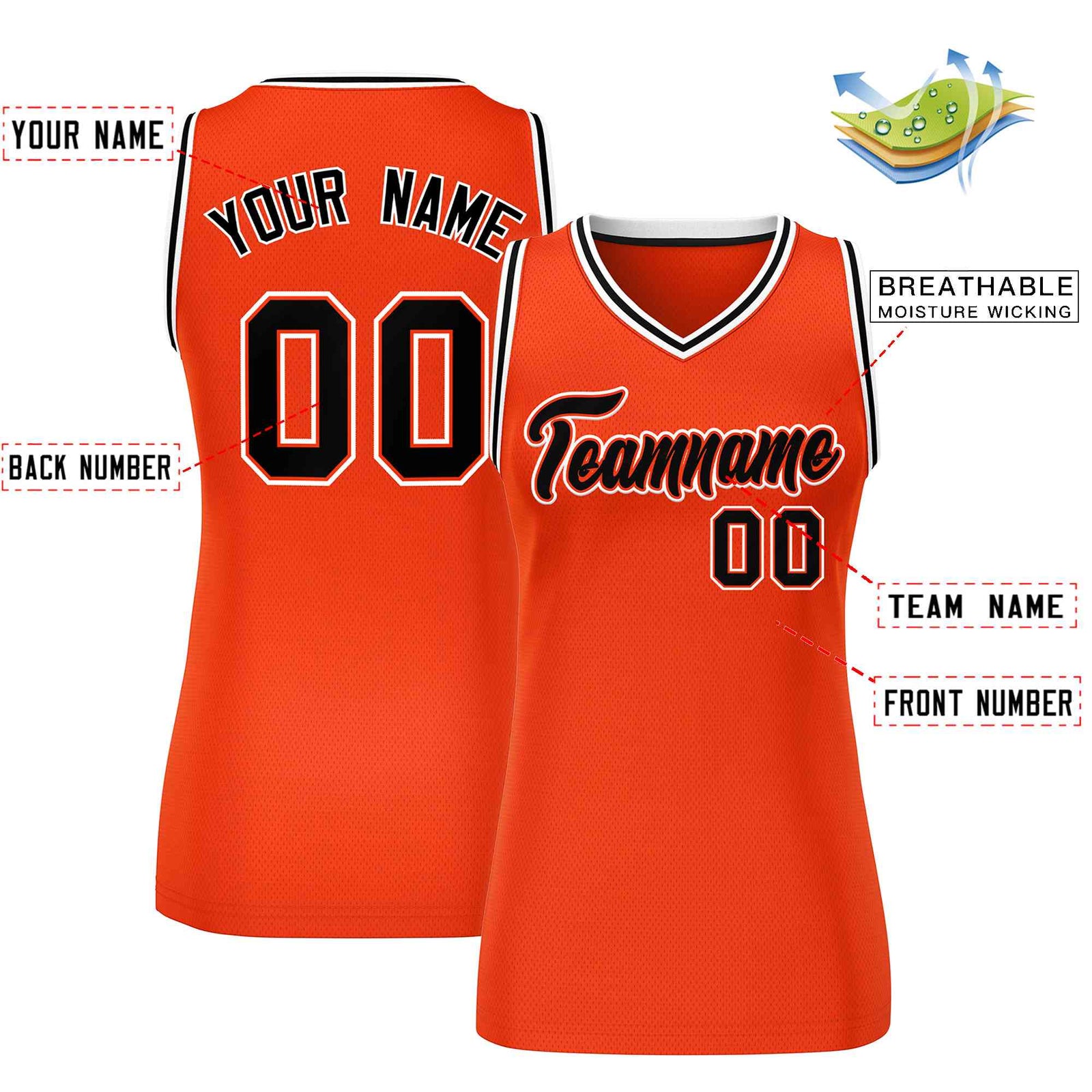 Custom Orange Black-White Classic Tops Mesh Basketball Jersey for Women