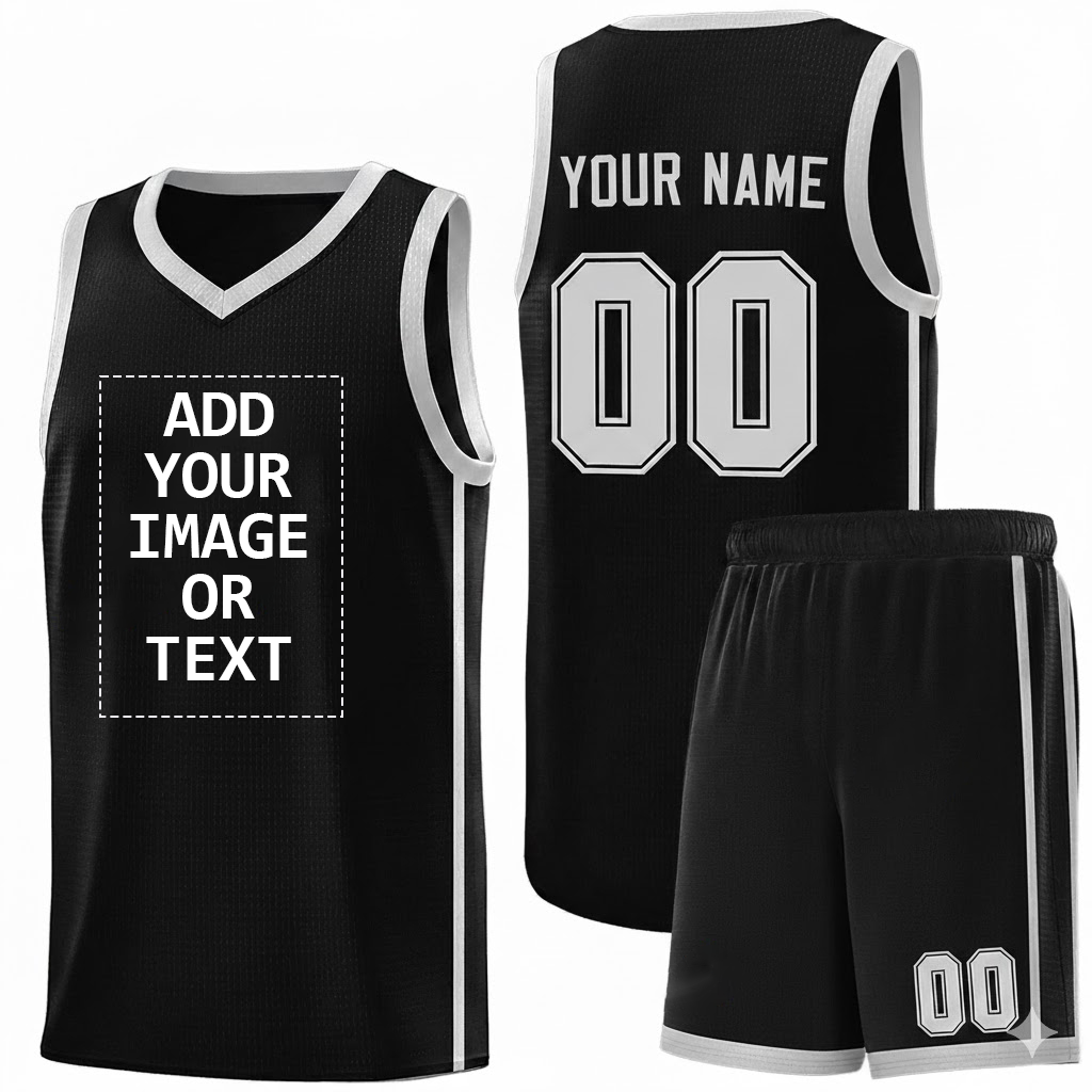 Custom Logo/Text Black White Side Two Bars Sports Uniform Basketball Jersey