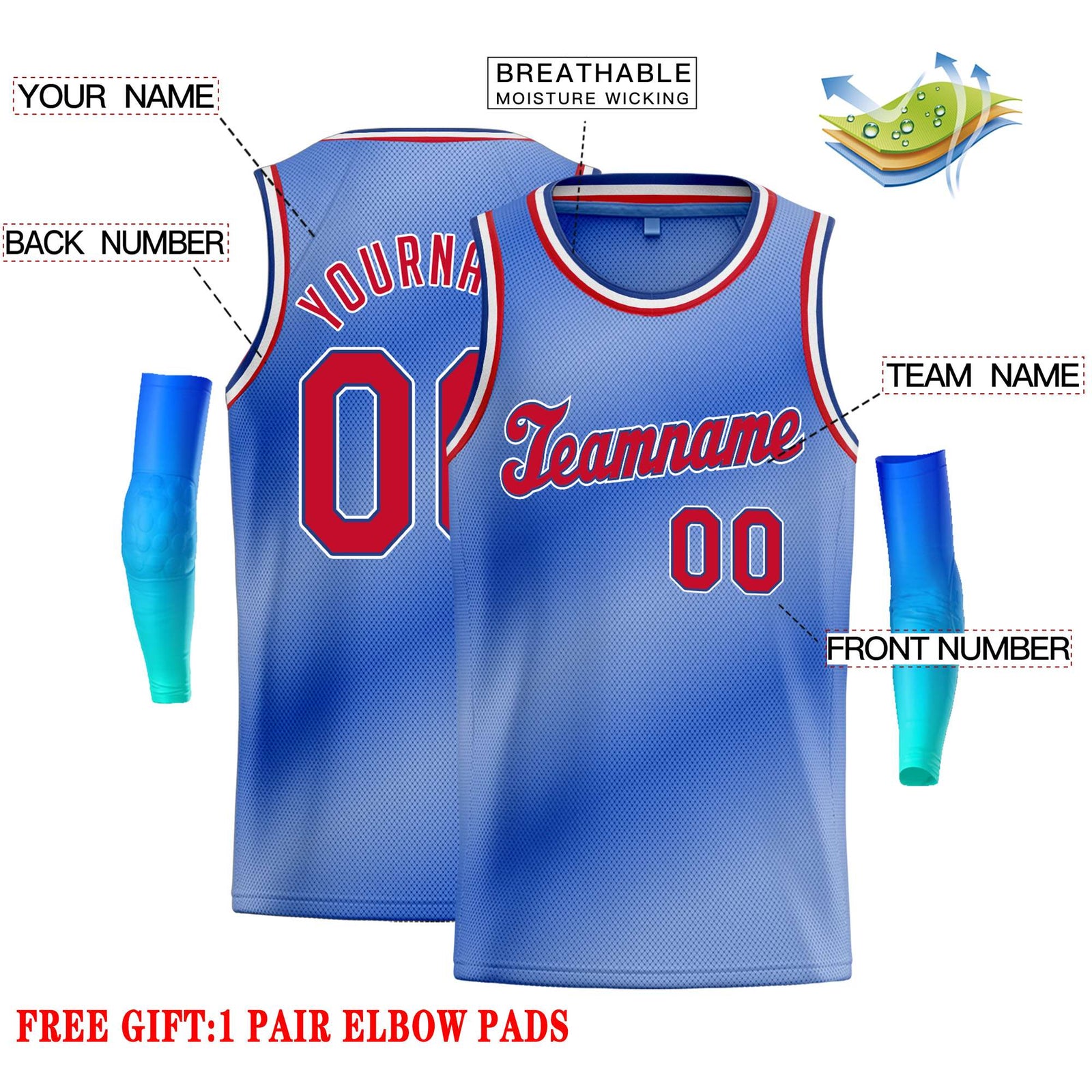 Custom Light Blue White-Red Gradient Fashion Tops Tilted Basketball Jersey