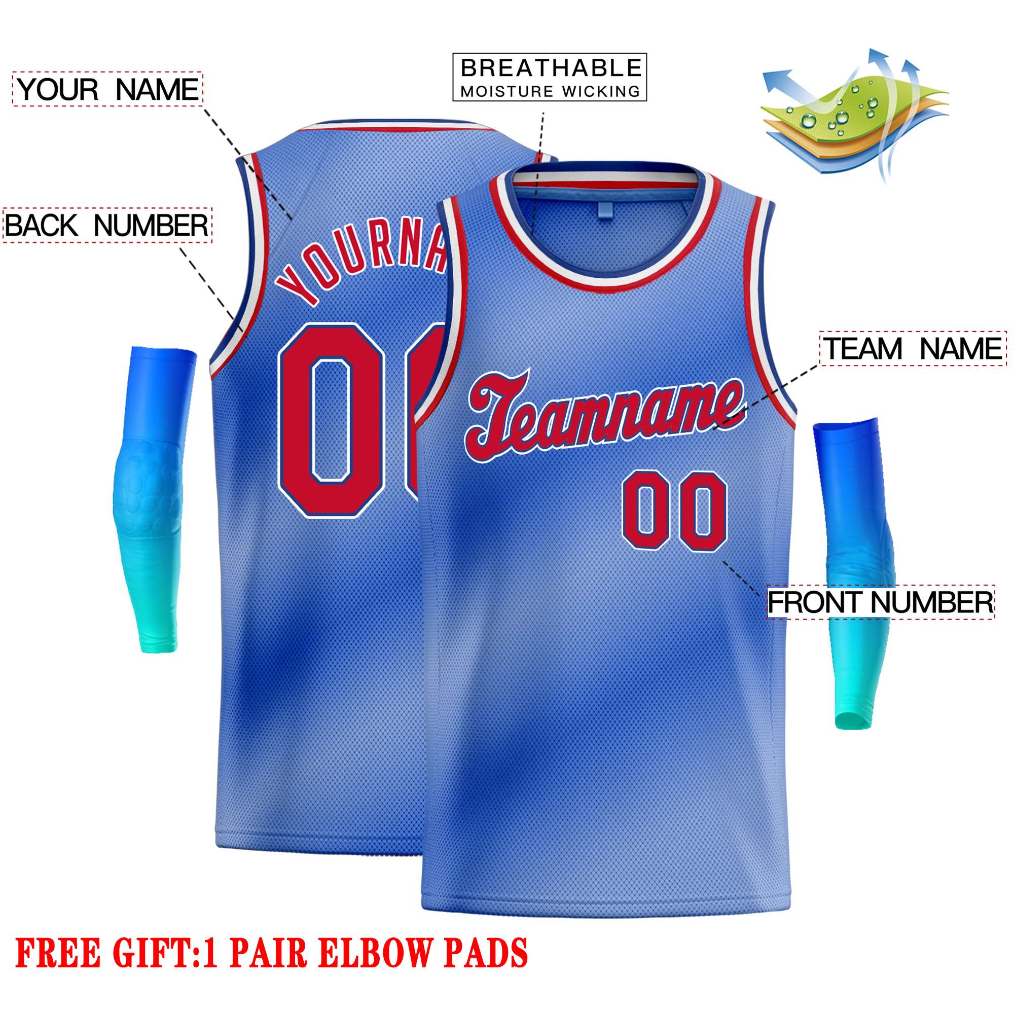 Custom Light Blue White-Red Gradient Fashion Tops Tilted Basketball Jersey