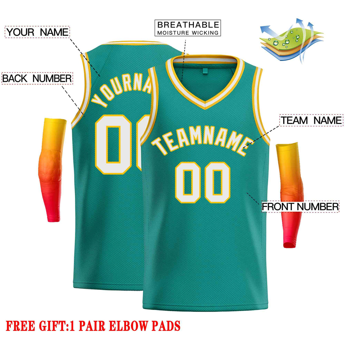 Custom Teal White-Yellow Classic Tops Men Casual Basketball Jersey