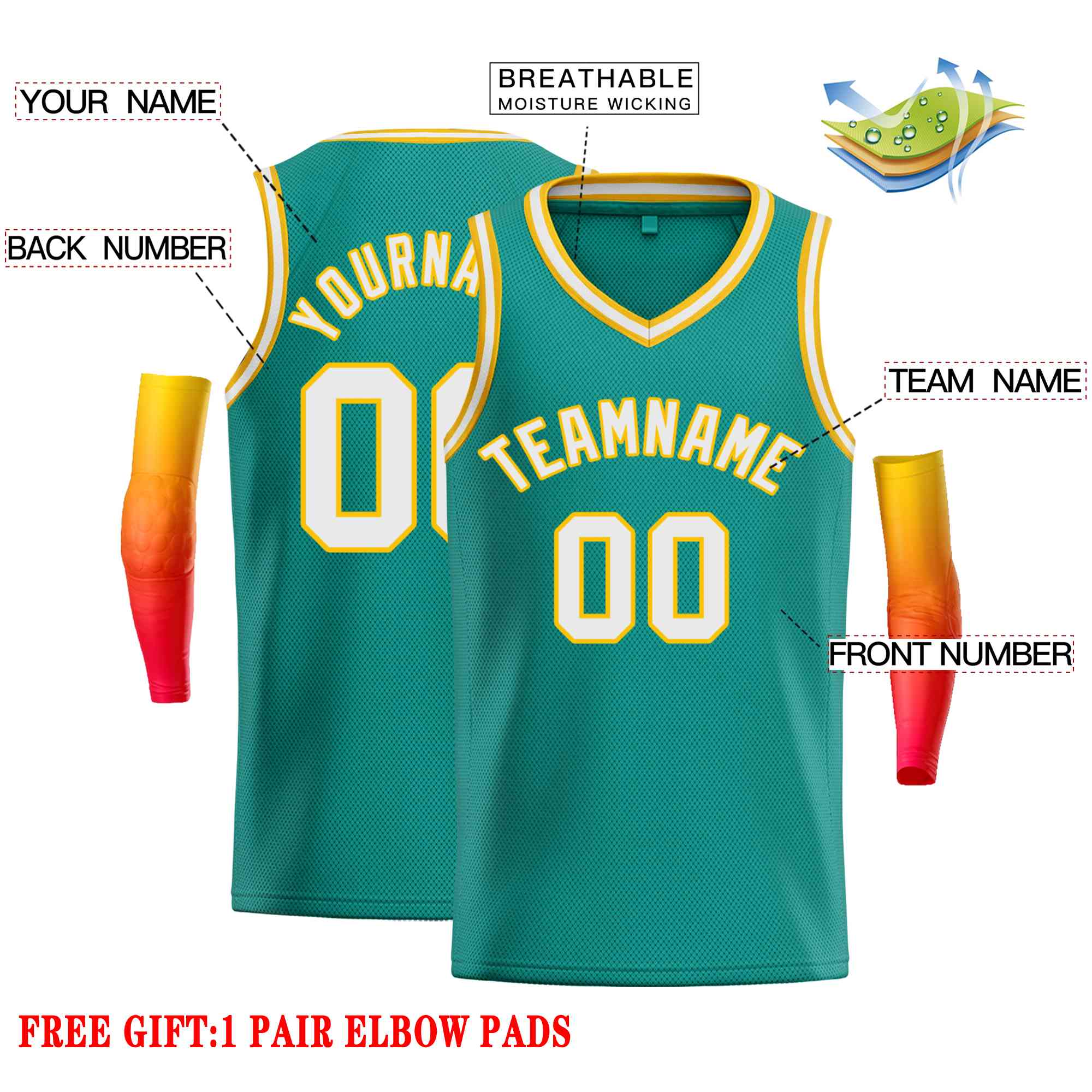 Custom Teal White-Yellow Classic Tops Men Casual Basketball Jersey