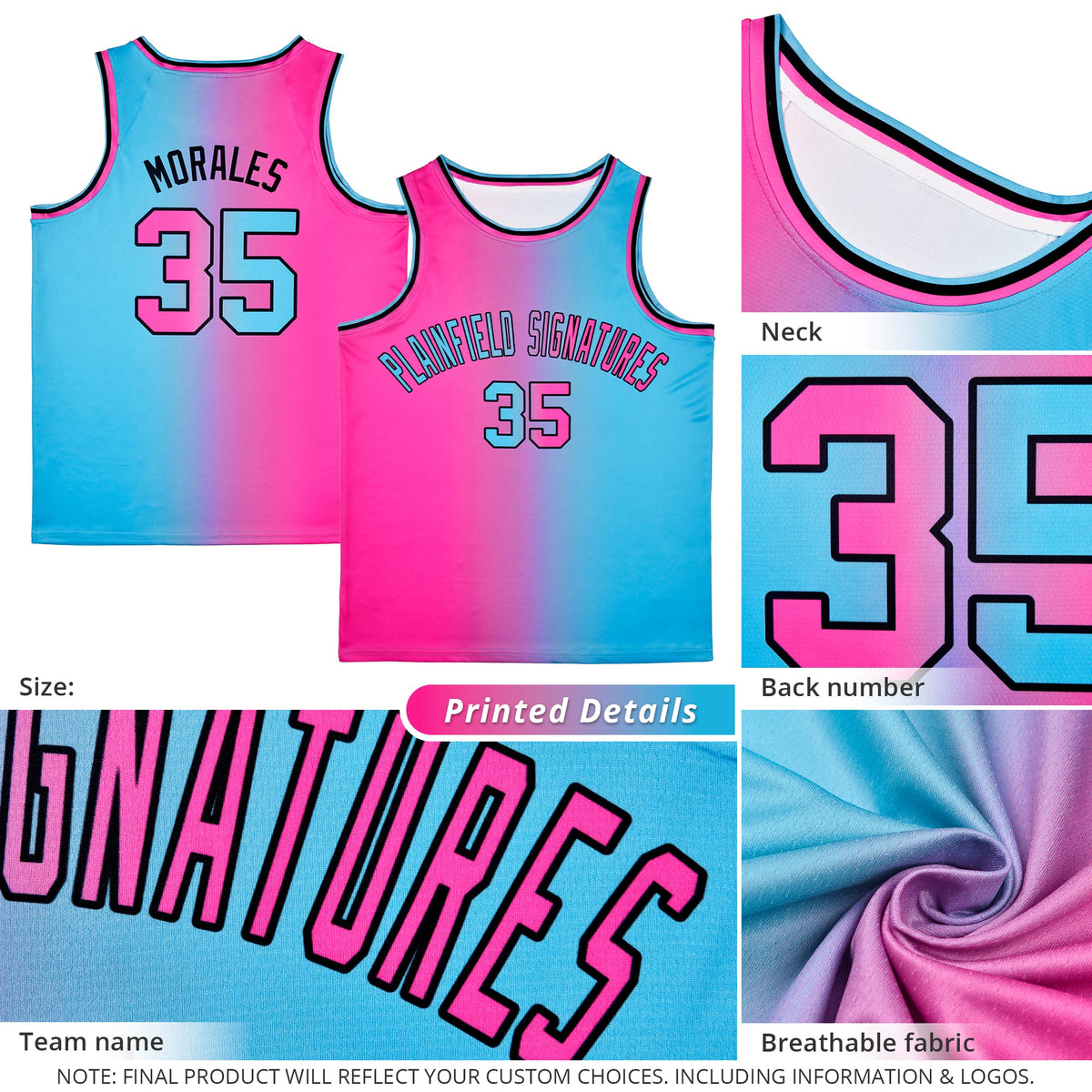 Custom Pink Blue Black-Pink Gradient Fashion Tops Bull Basketball Jersey