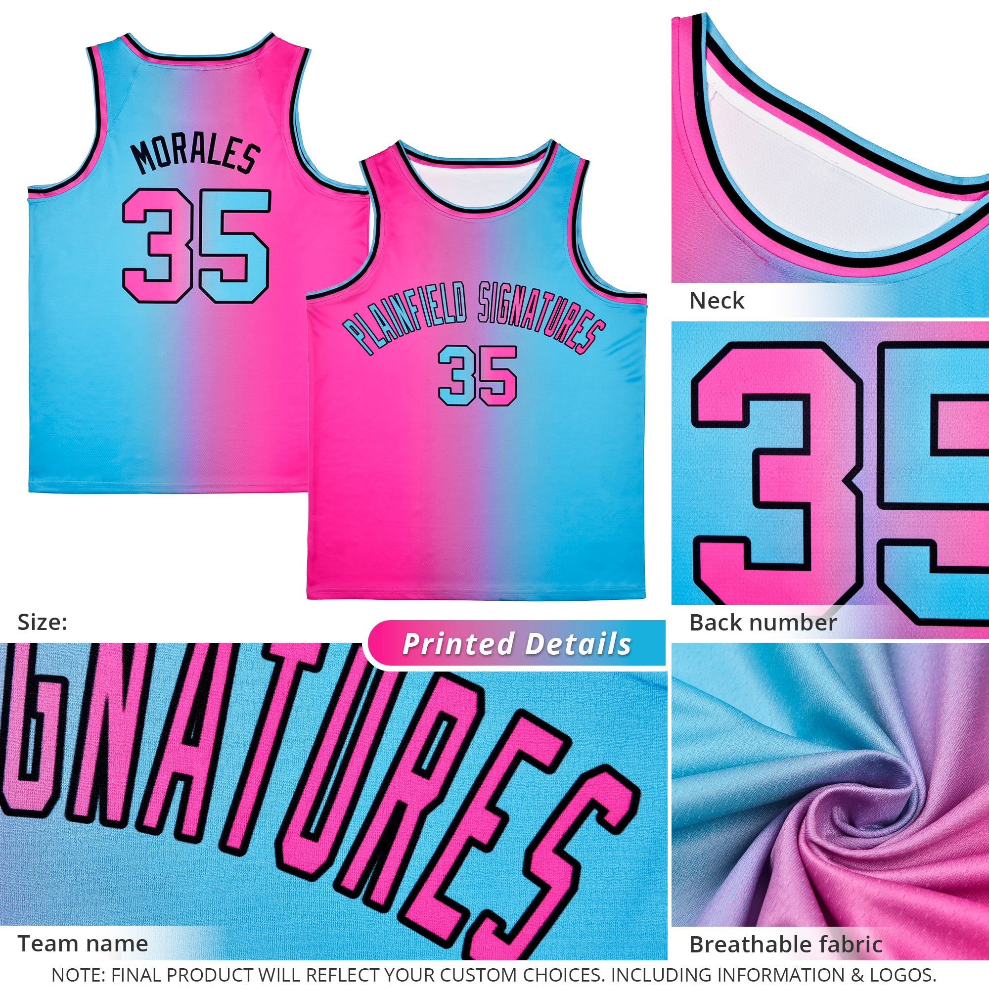 Custom Pink Blue Black-Pink Gradient Fashion Tops Bull Basketball Jersey