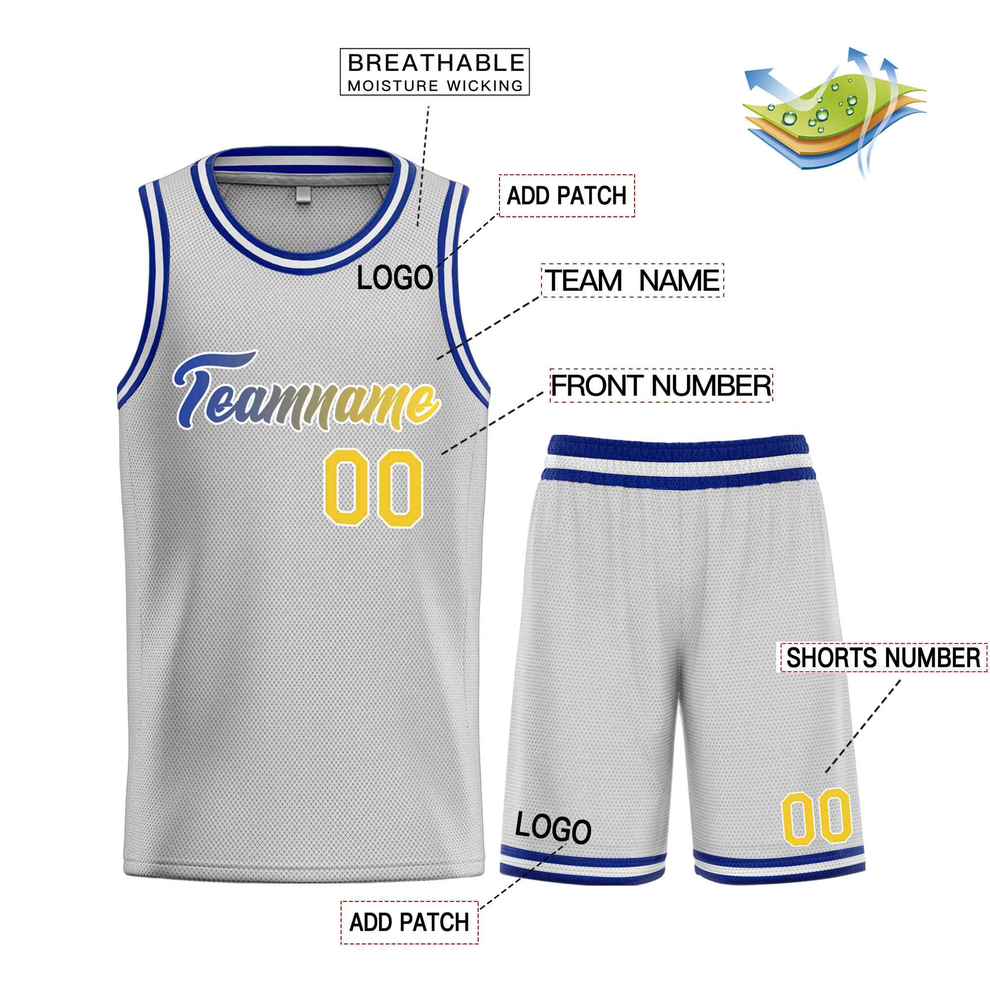 Custom Gray Yellow-White Heal Sports Uniform Classic Sets Basketball Jersey