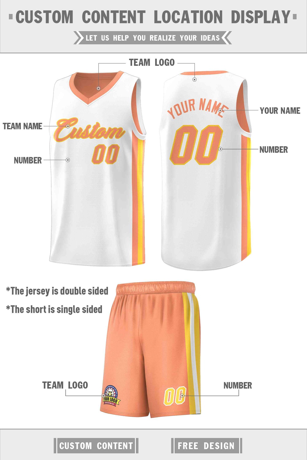 Custom White Orange-Yellow Double Side Sets Men Basketball Jersey