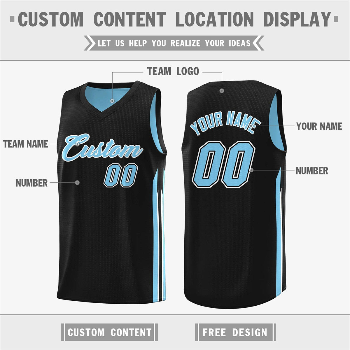 Custom Black Light Blue Double Side Tops Training Basketball Jersey