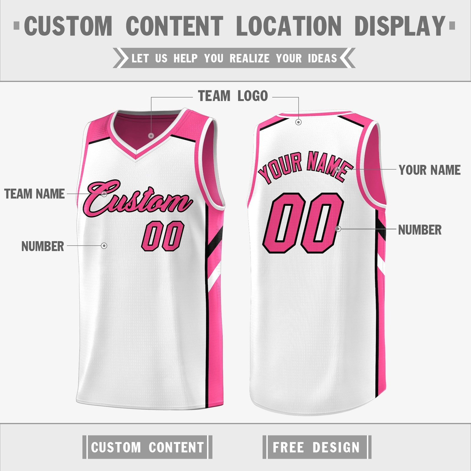 Custom Pink White Double Side Tops Training Basketball Jersey