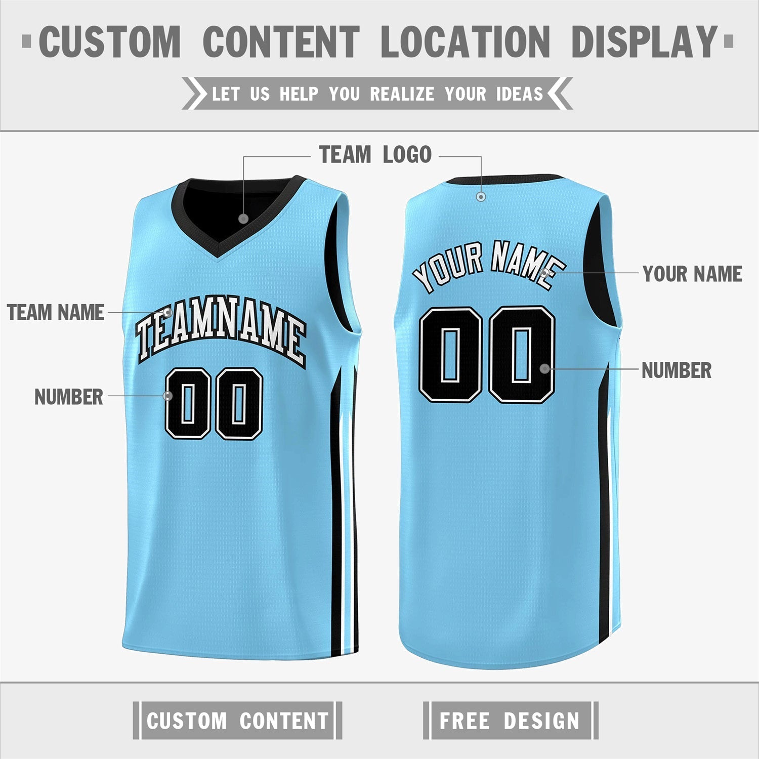 Custom Black Lt Blue Double Side Tops Training Fashion Basketball Jersey