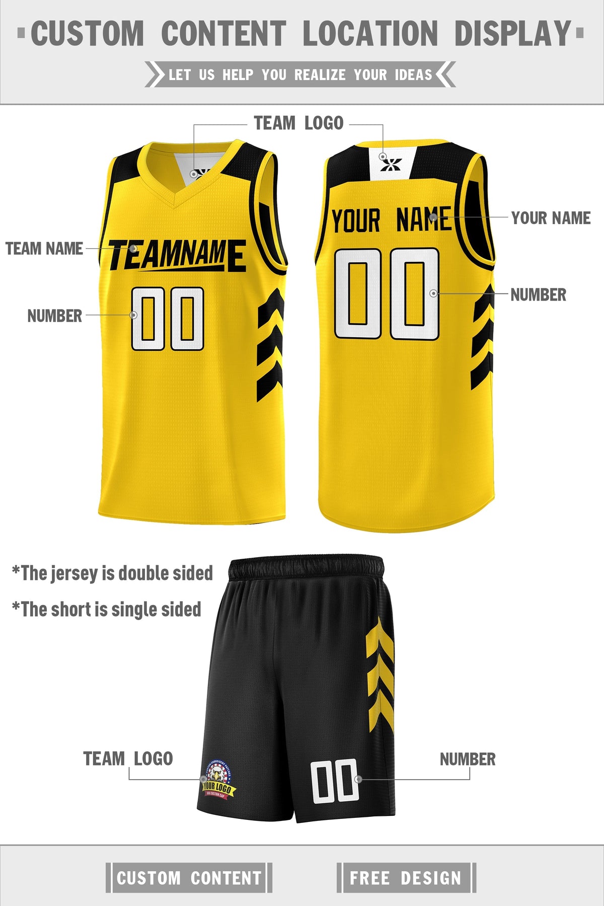 Custom Black Yellow Double Side Sets Personalized Basketball Jersey