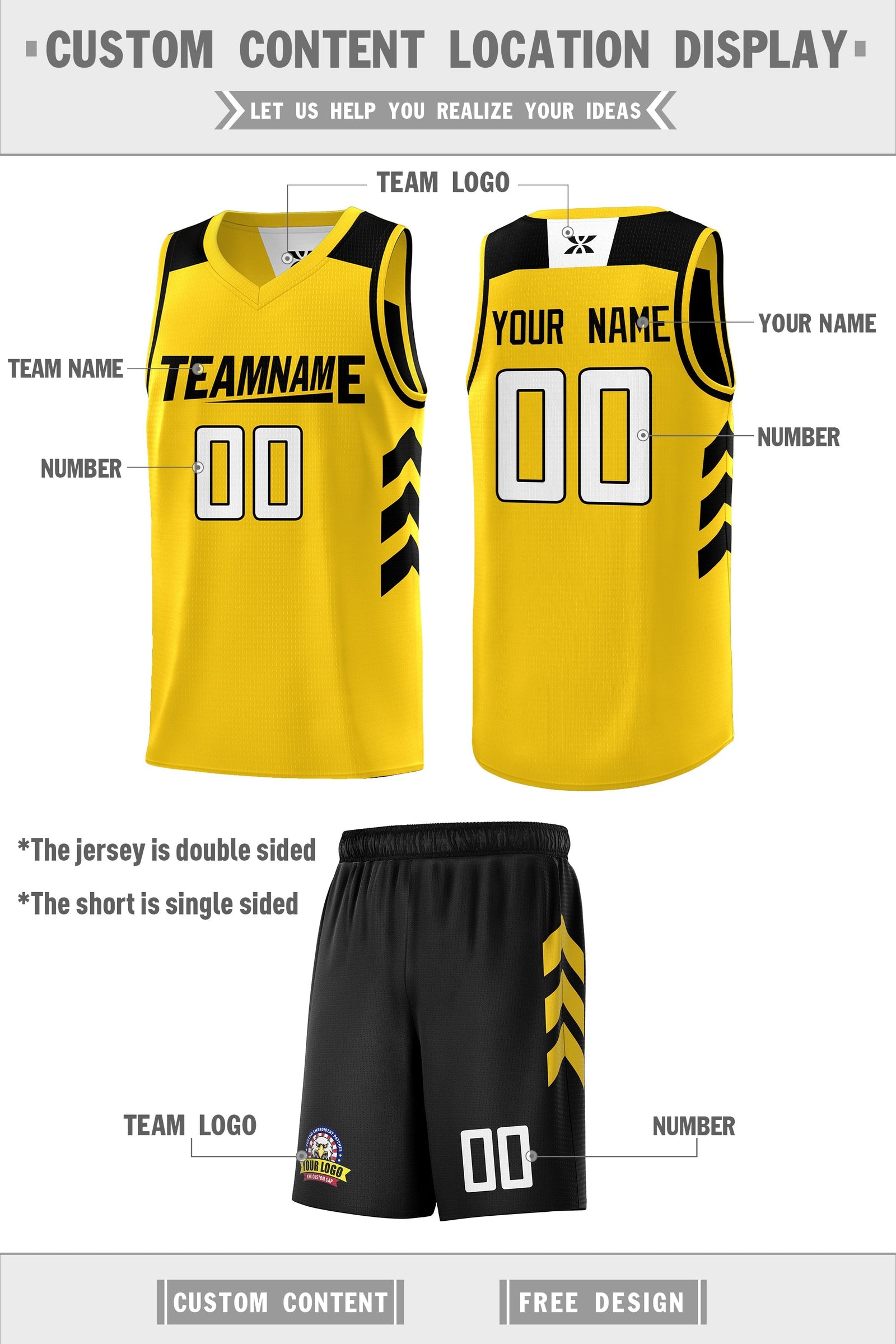 Custom Black Yellow Double Side Sets Personalized Basketball Jersey