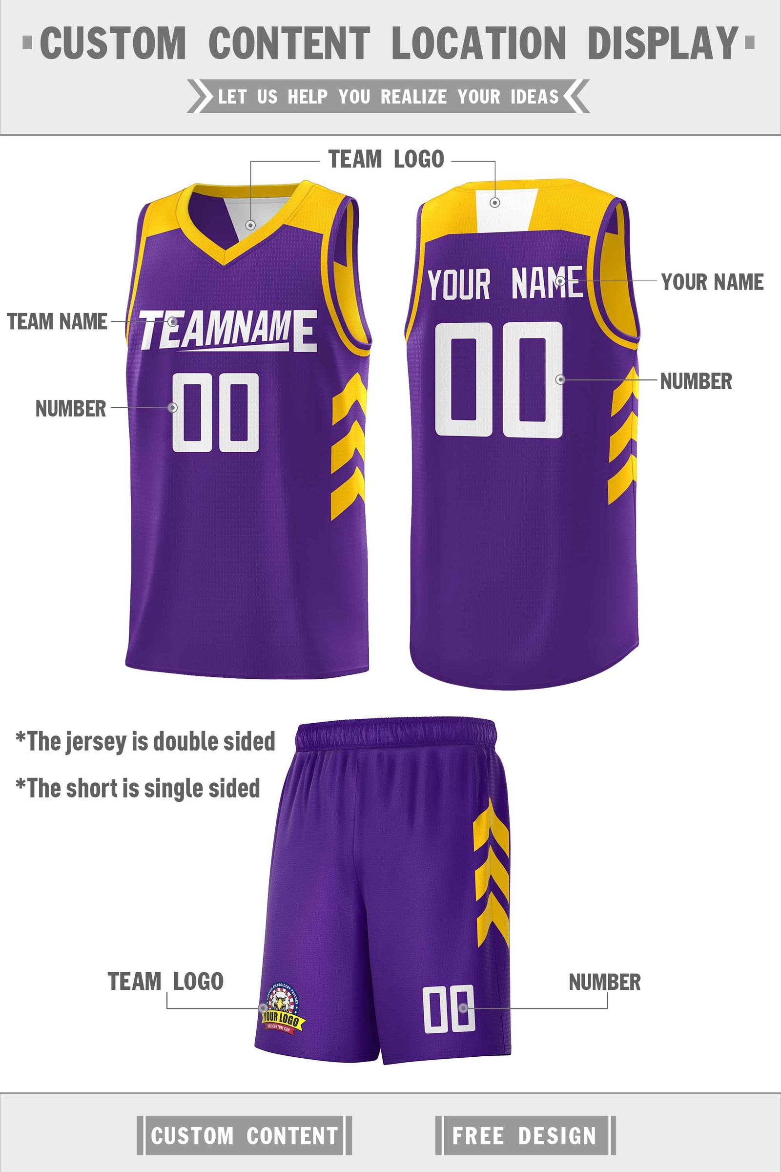 Custom Purple Yellow-White Double Side Sets Men Basketball Jersey
