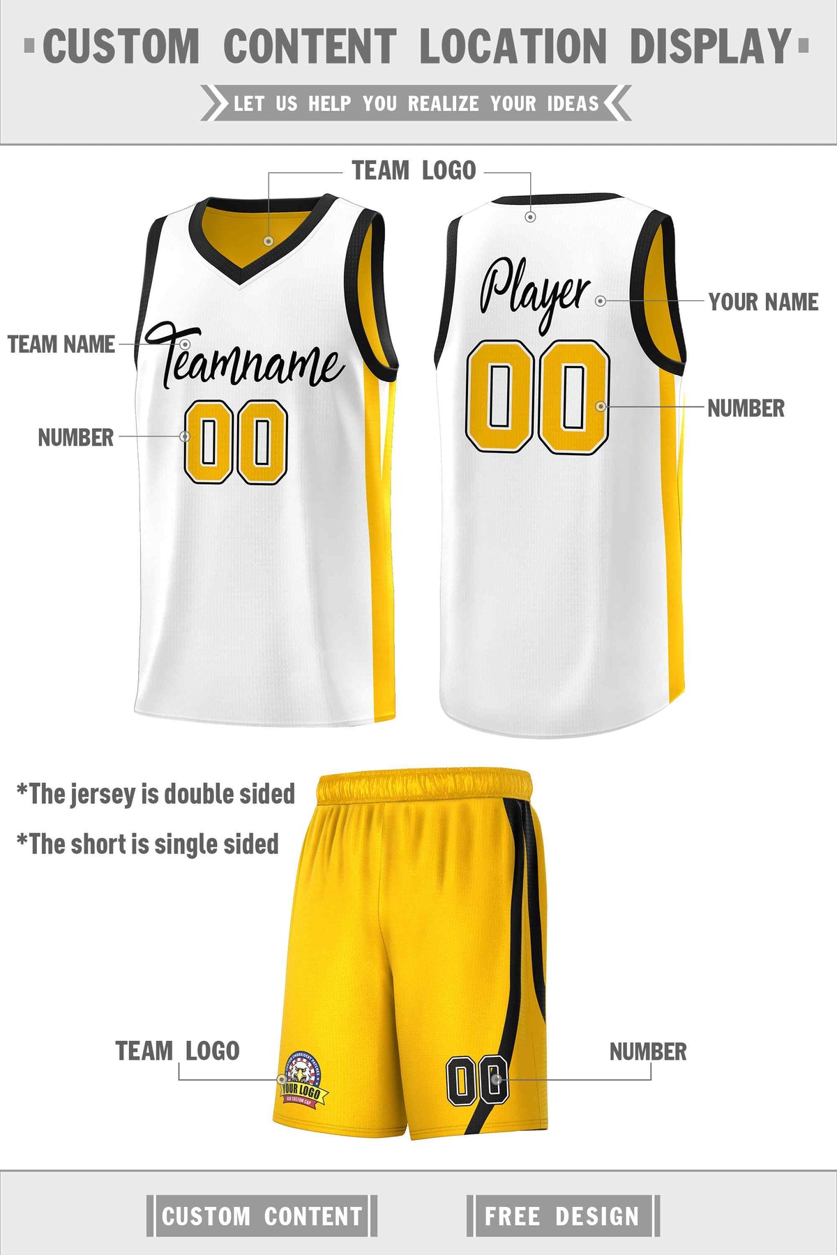 Custom White Yellow Double Side Sets Men Basketball Jersey