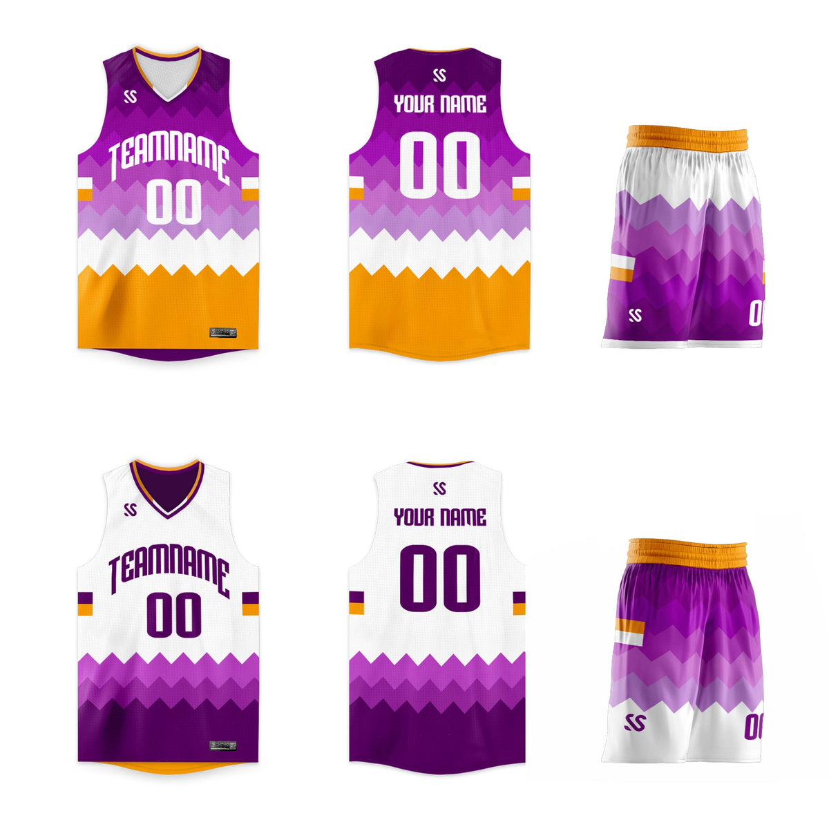 Custom Purple Yellow-White Double Side Sets Sportswear Basketball Jersey