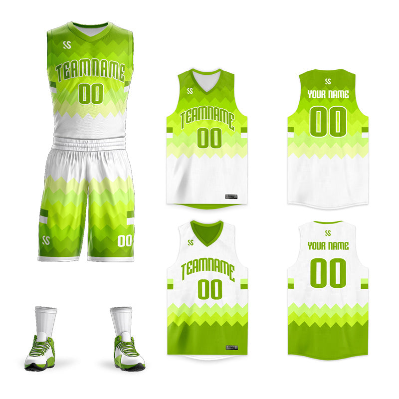 Custom Neon Green White Double Side Sets Sports Basketball Jersey