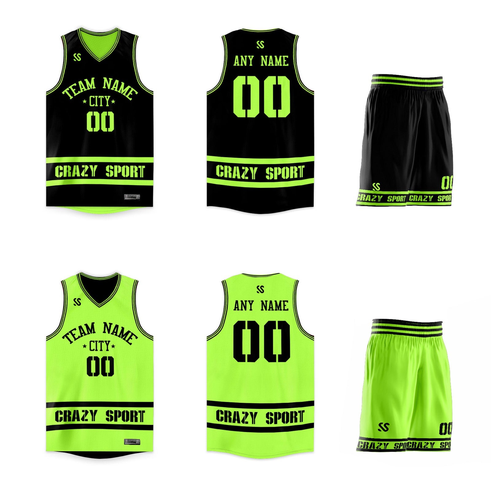 Custom Black Neon Green White Double Side Sets Sportswear Basketball Jersey