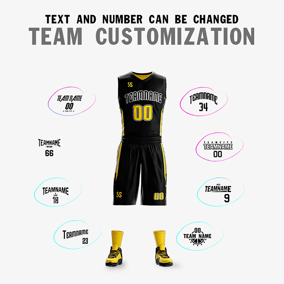 Custom Black Yellow Double Side Sets Design Sportswear Basketball Jersey