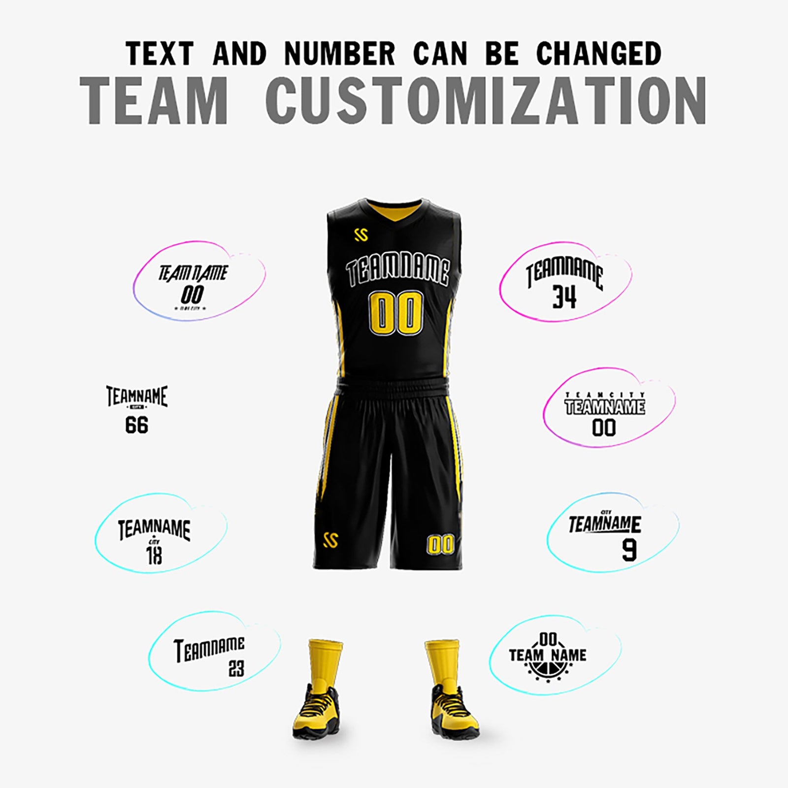 Custom Black Yellow Double Side Sets Design Sportswear Basketball Jersey