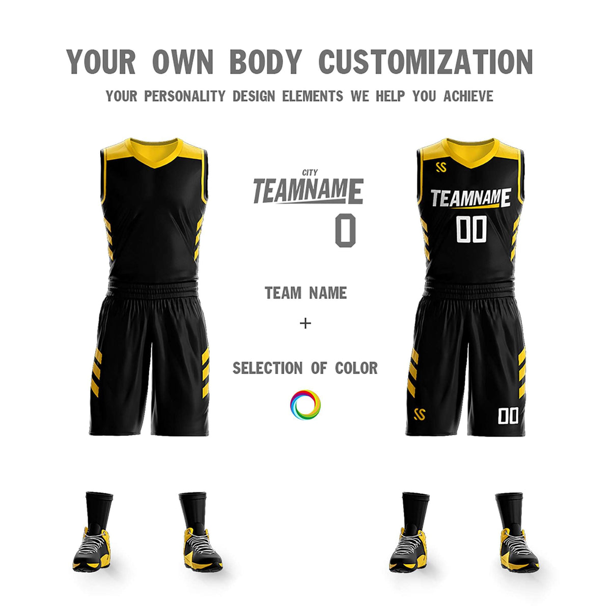 Custom Black Yellow Double Side Sets Design Sportswear Basketball Jersey