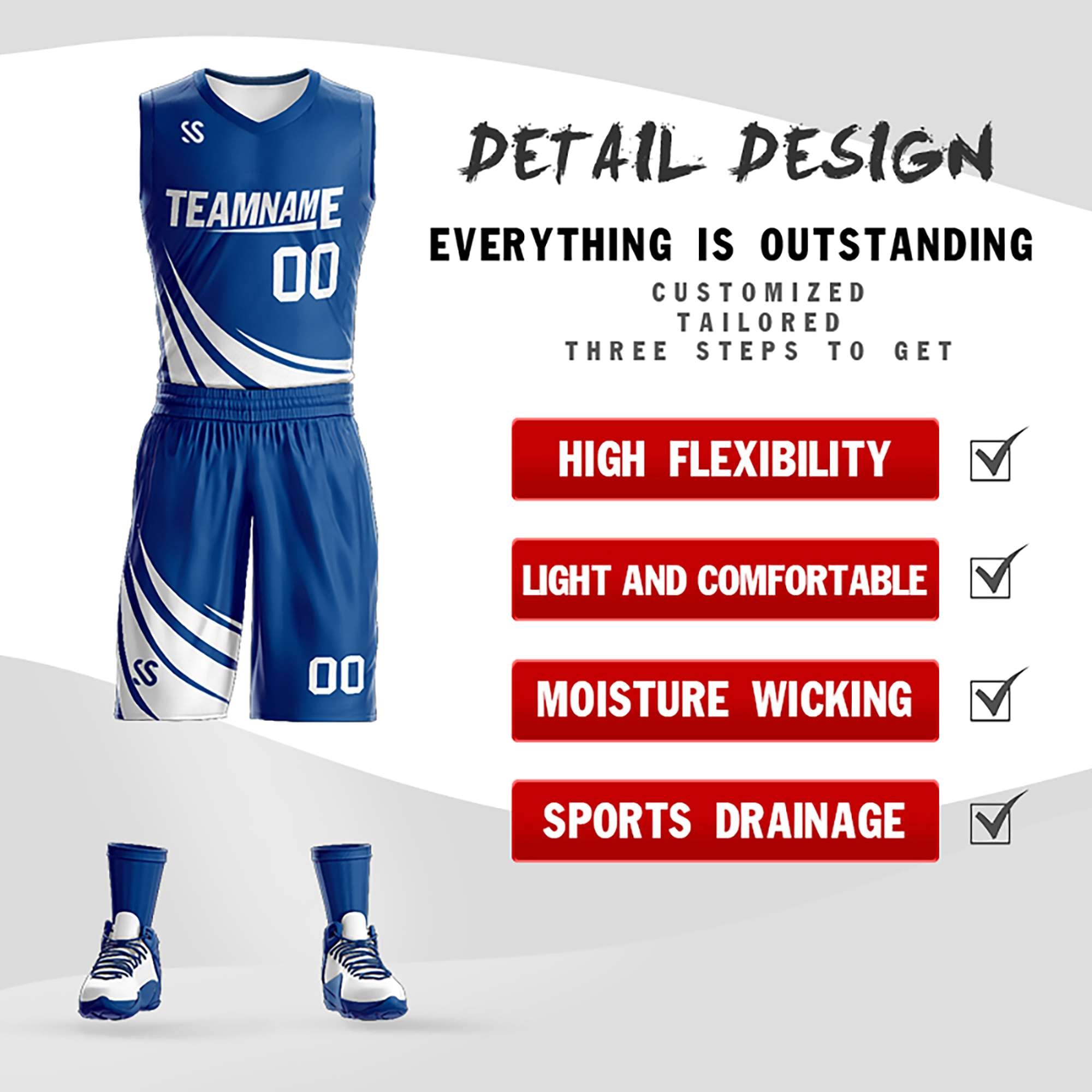 Custom Blue White Double Side Sets Design Sportswear Basketball Jersey