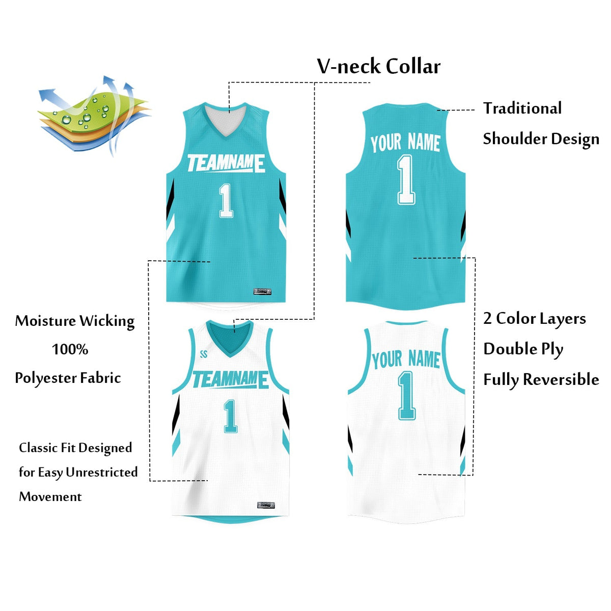 Custom Aqua White  Double Side Tops Athletic Basketball Jersey