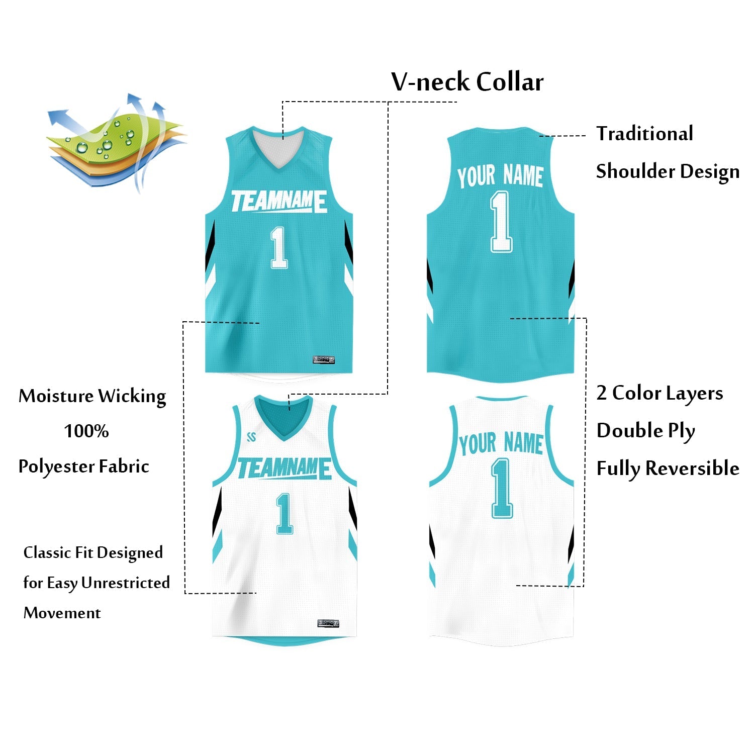 Custom Aqua White  Double Side Tops Athletic Basketball Jersey